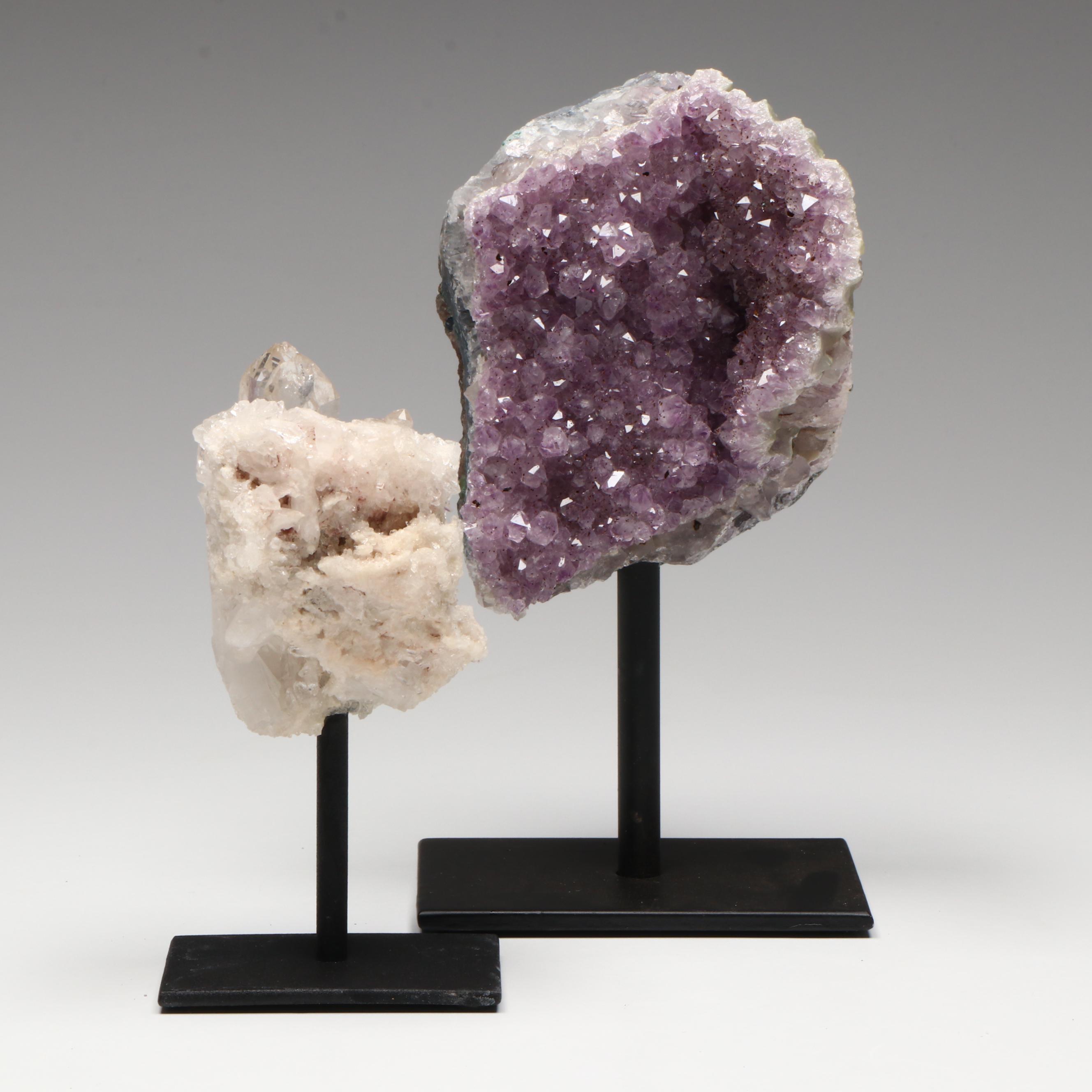 Amethyst Geode and Quartz on Metal Presentation Stands
