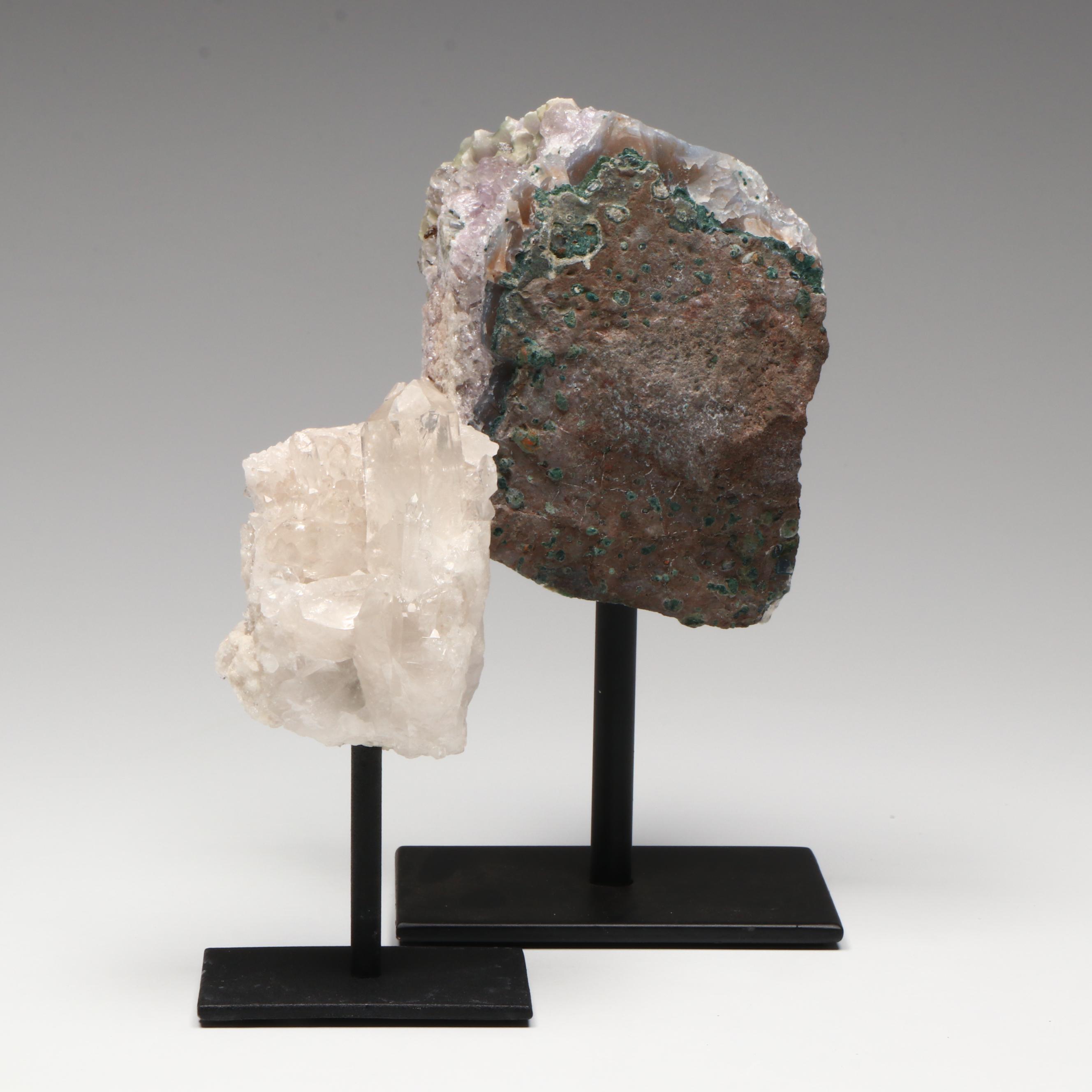 Amethyst Geode and Quartz on Metal Presentation Stands