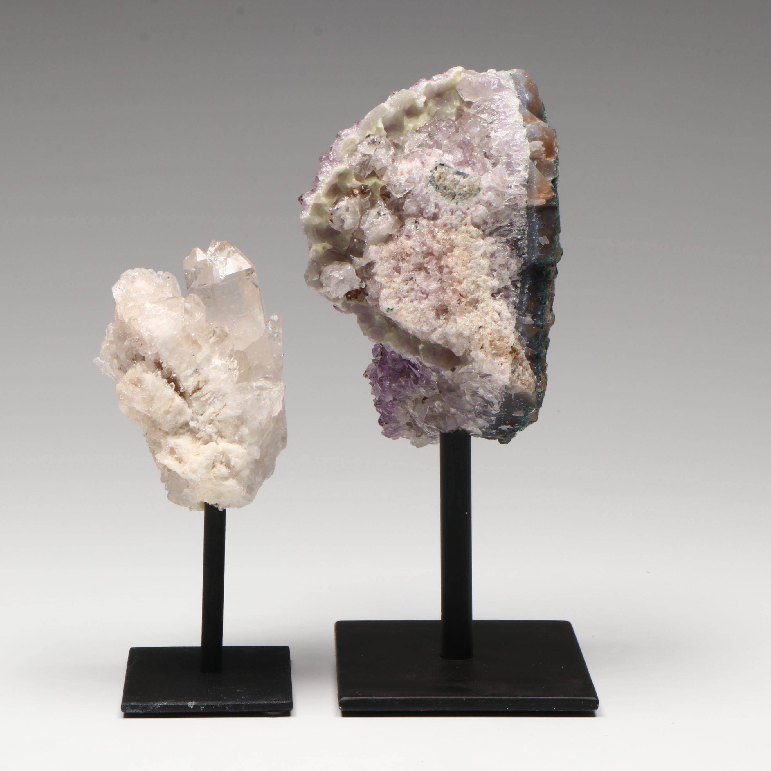 Amethyst Geode and Quartz on Metal Presentation Stands