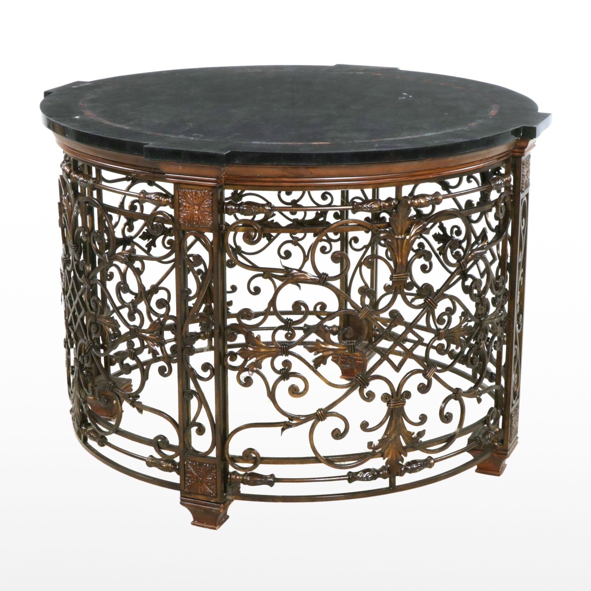 Wrought  Iron Scrollwork Center Table with Tessellated Marble Top