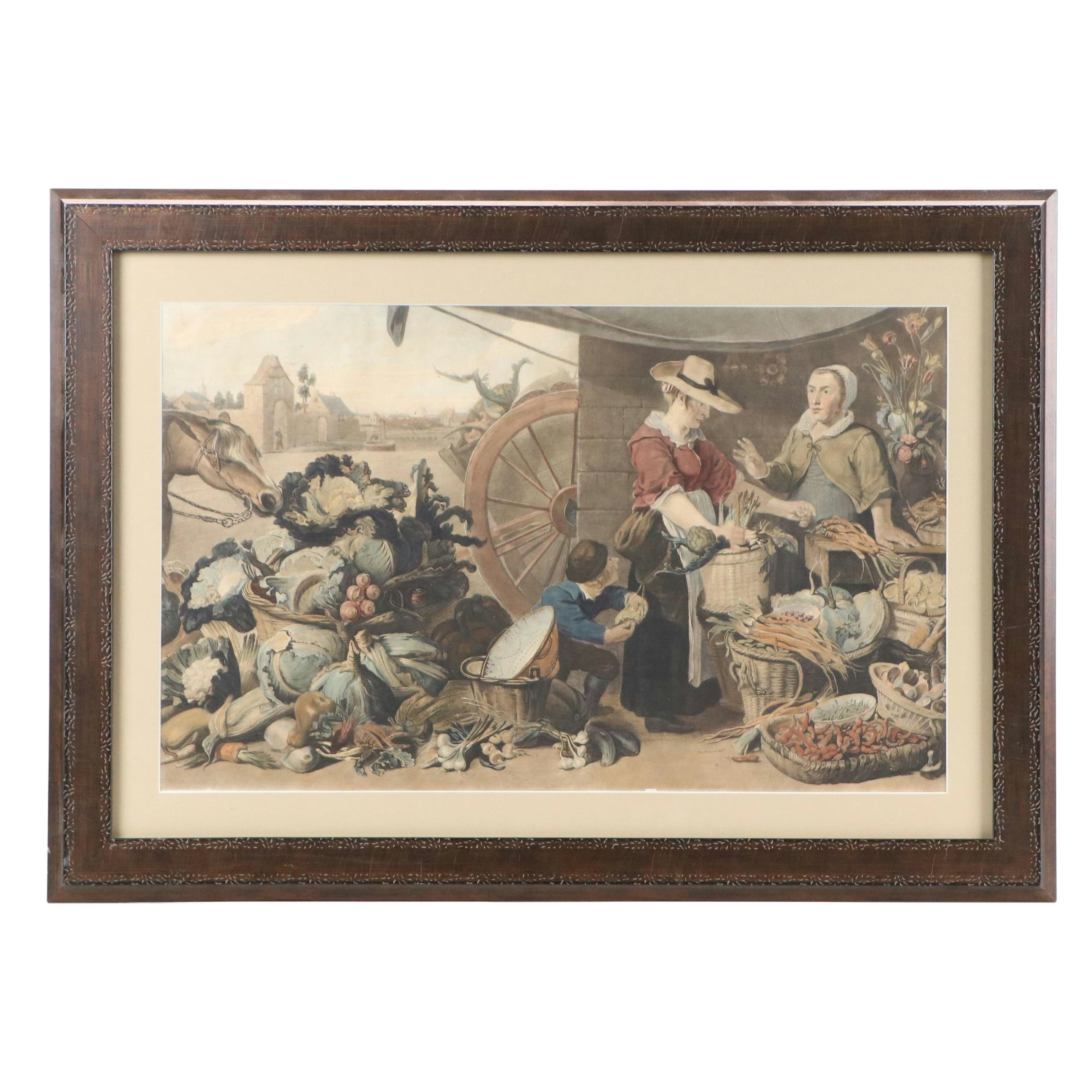 After John Boydell Hand-Colored Lithograph "A Herb Market," Late 19th Century