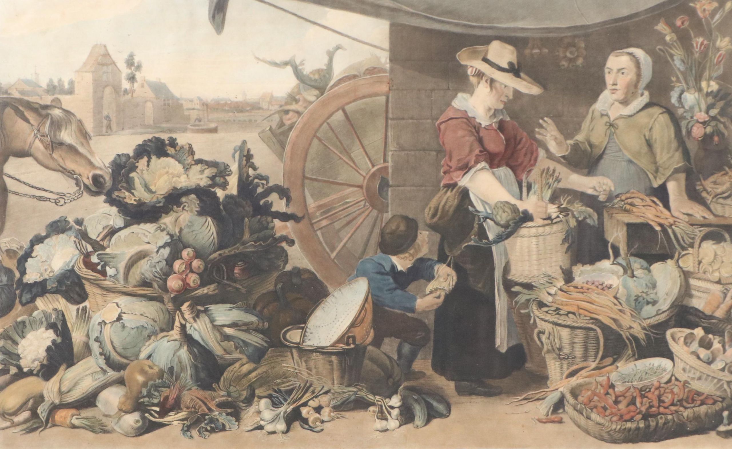 After John Boydell Hand-Colored Lithograph "A Herb Market," Late 19th Century