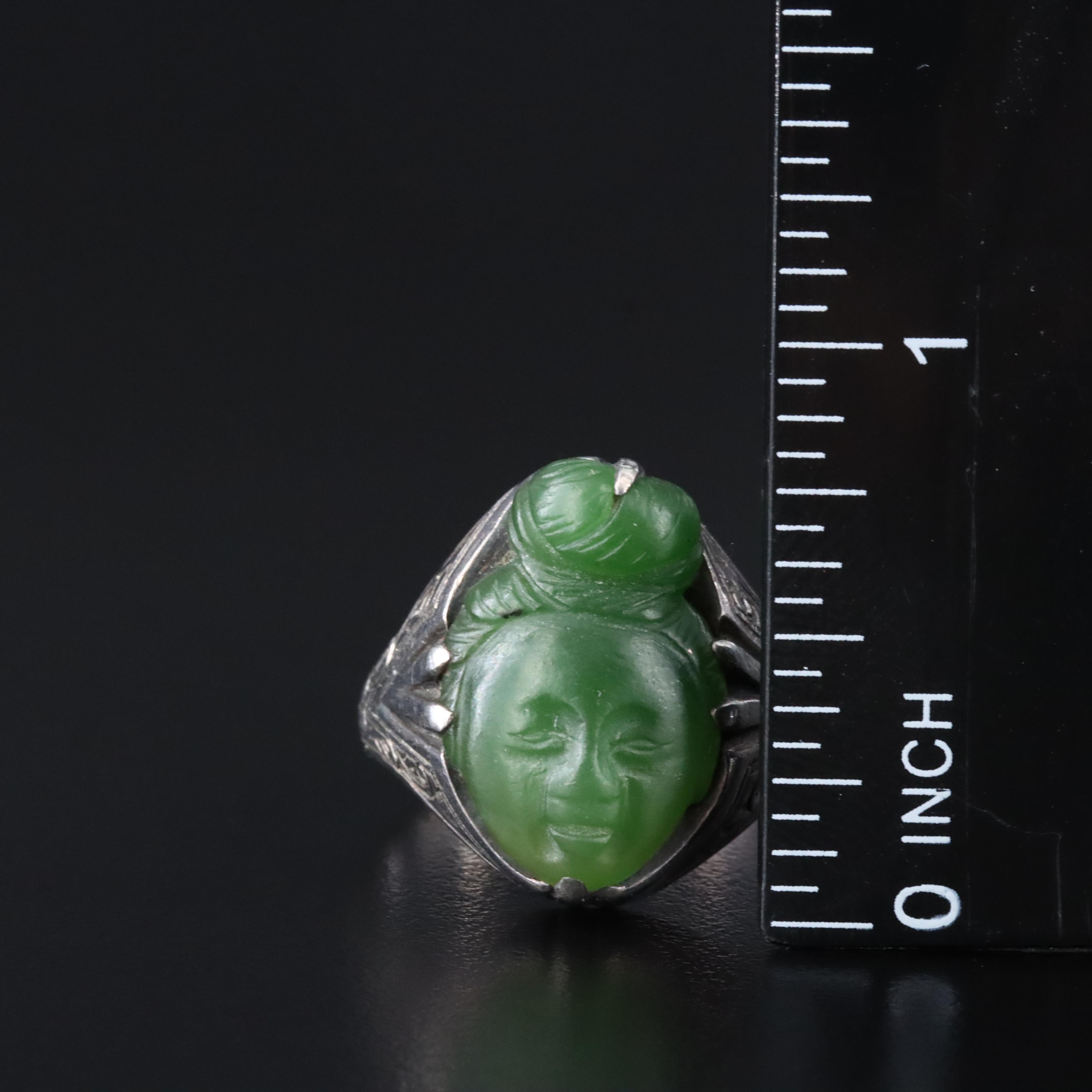 Vintage Chinese Sterling Carved Serpentine Cameo Ring