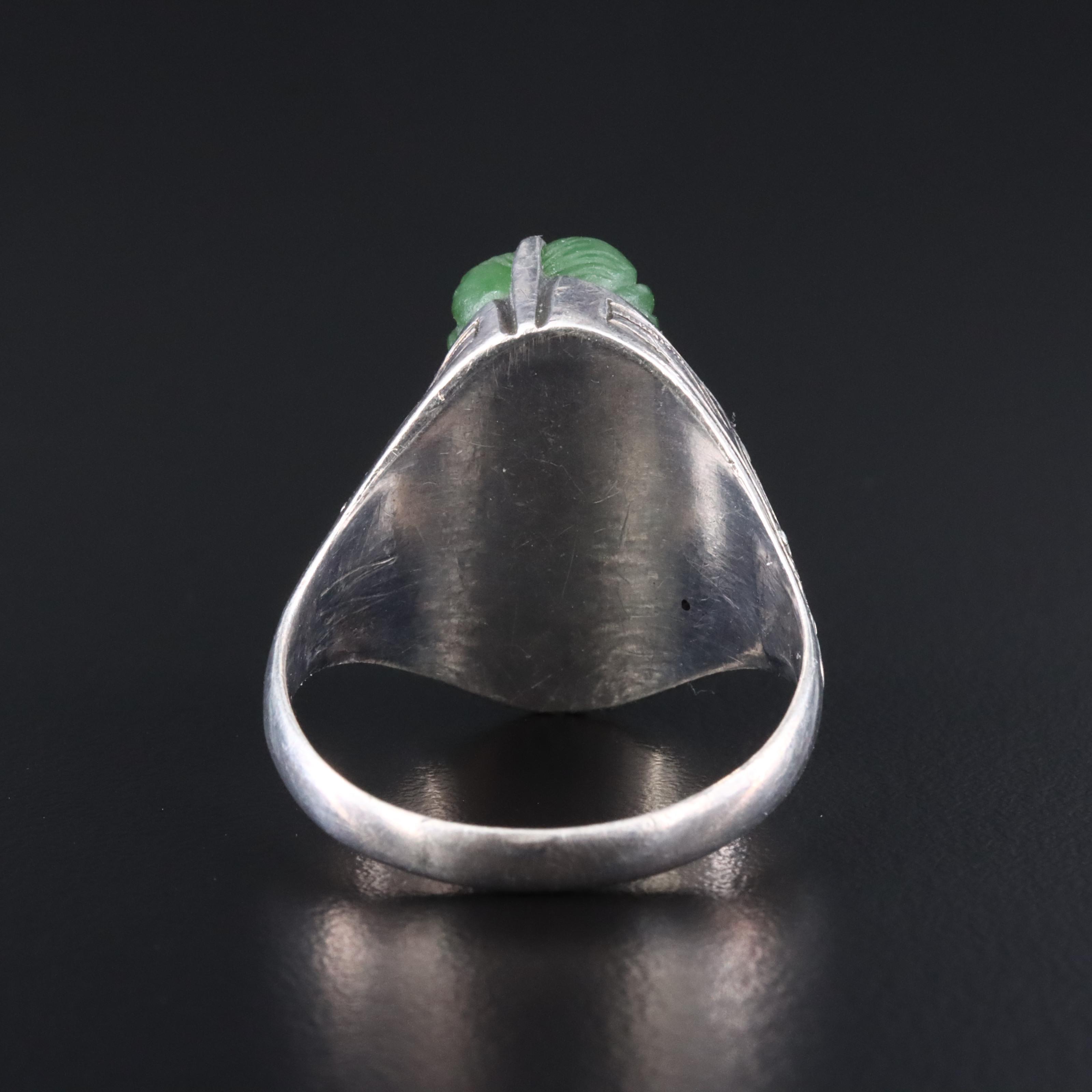 Vintage Chinese Sterling Carved Serpentine Cameo Ring