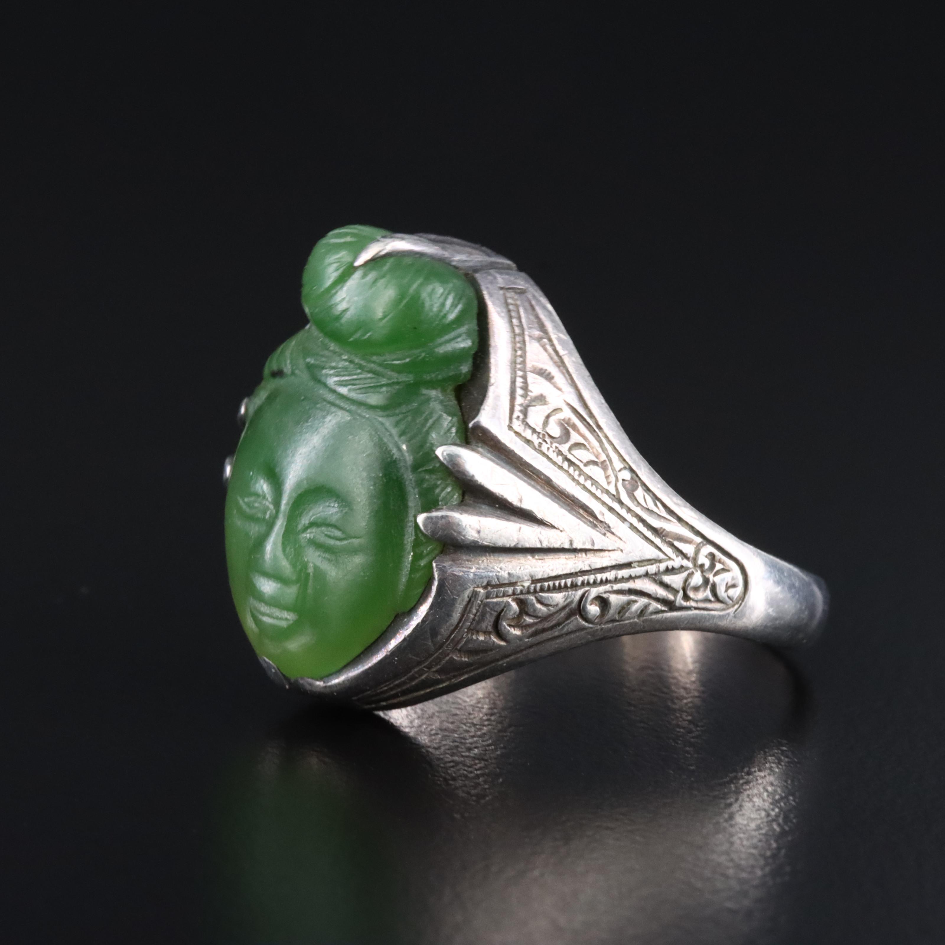 Vintage Chinese Sterling Carved Serpentine Cameo Ring
