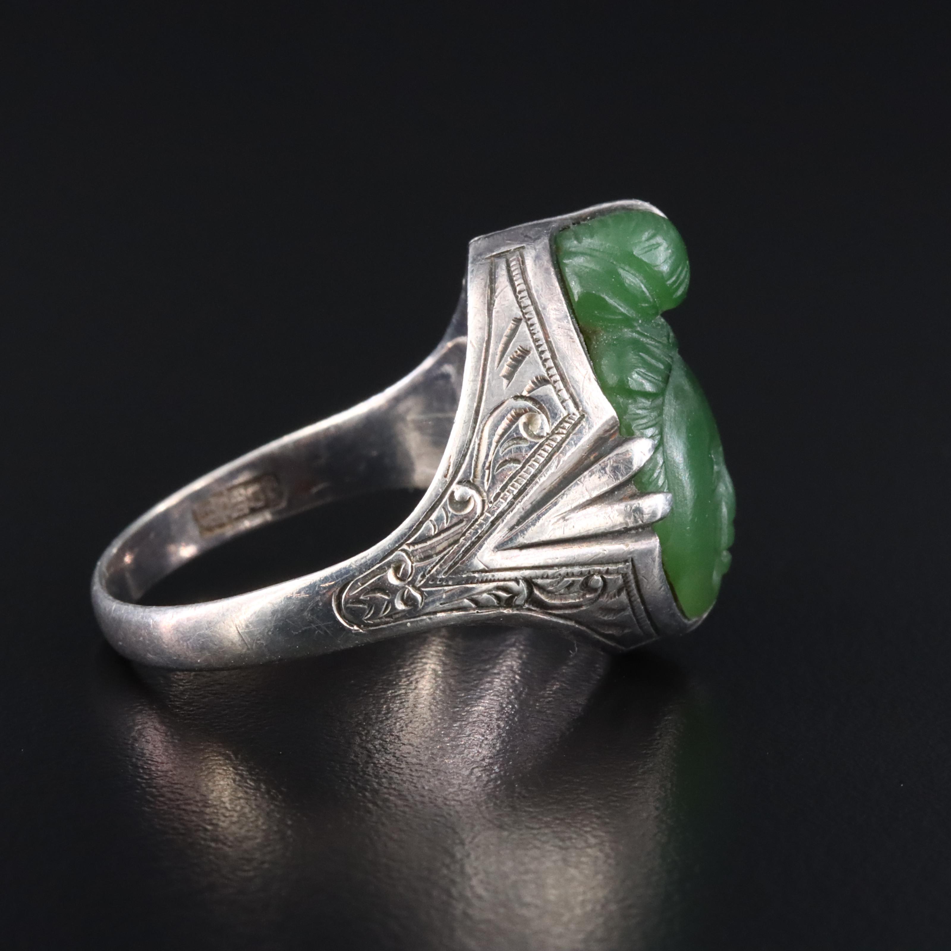Vintage Chinese Sterling Carved Serpentine Cameo Ring
