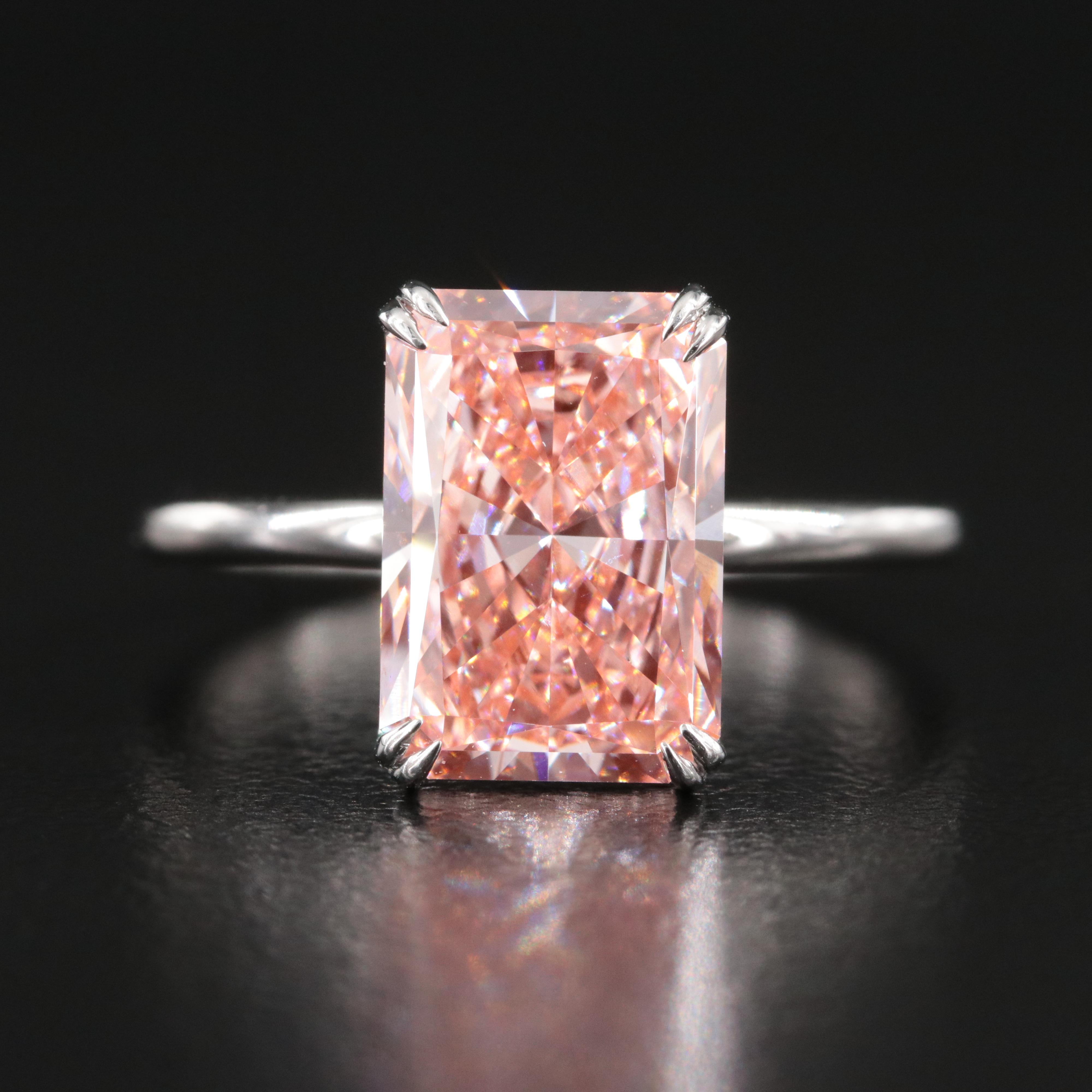 Platinum 3.30 CT Lab Grown Fancy Pink Diamond Solitaire Ring with IGI Report
