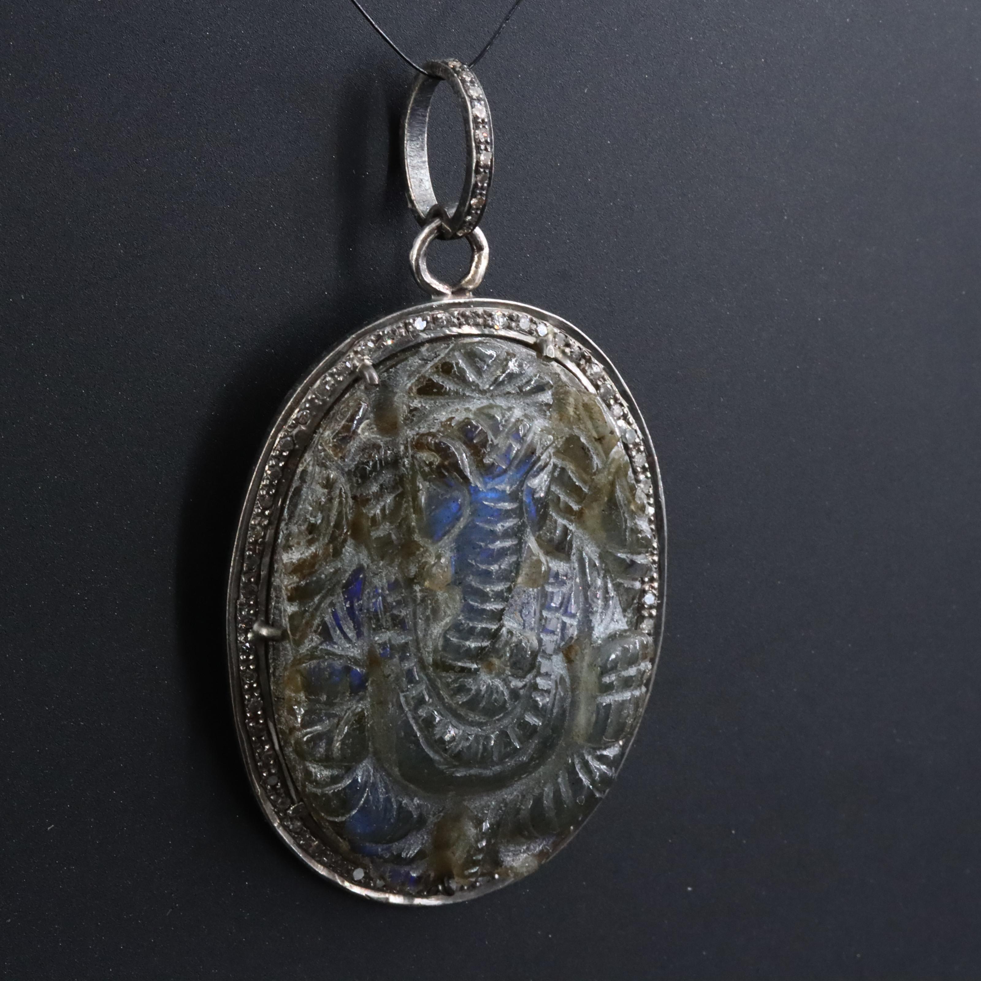 Sterling Labradorite and Diamond Ganesha Pendant Attributed to Sheryl Lowe