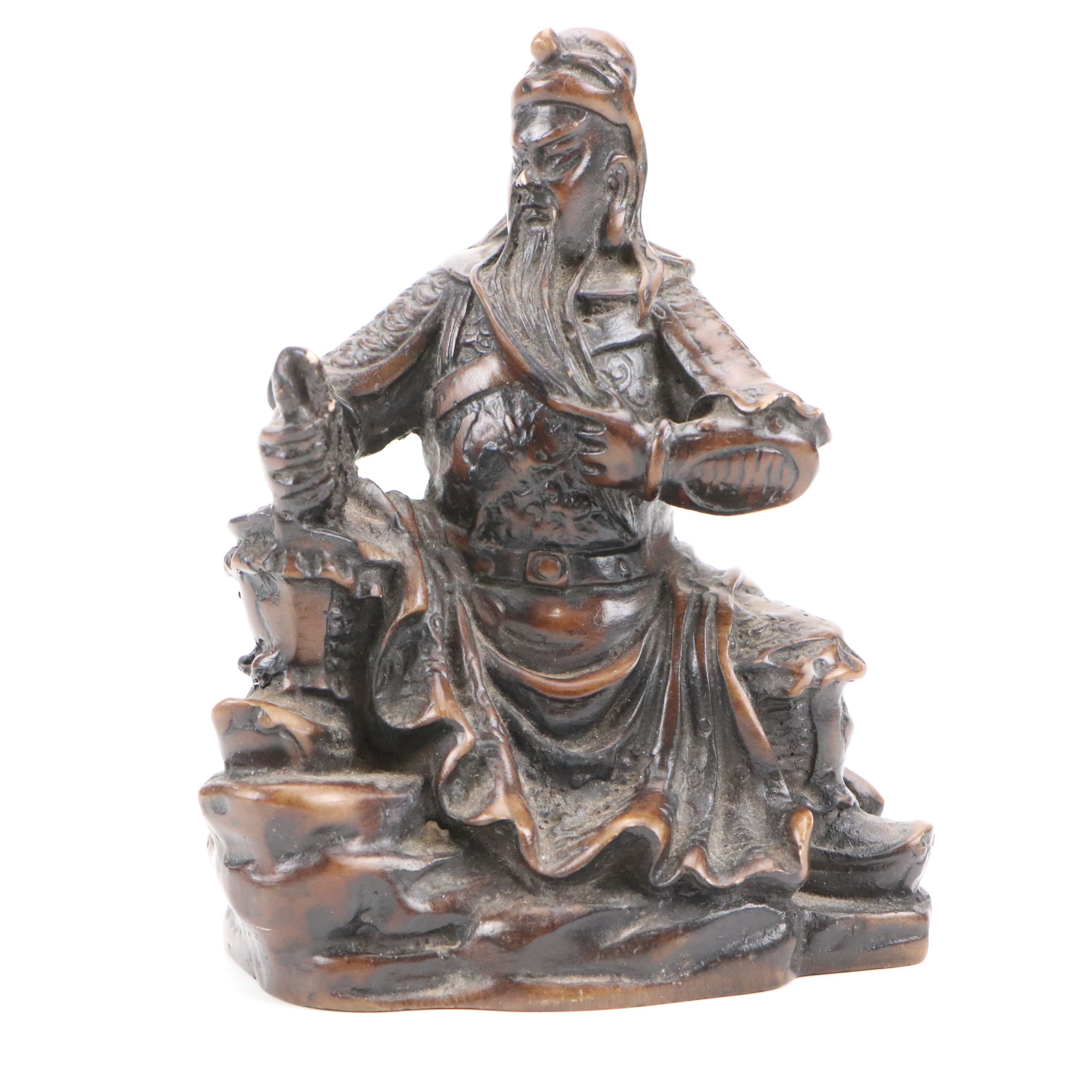 African Hand-Carved Wood Letter Opener with Chinese Guan Yu Figurine