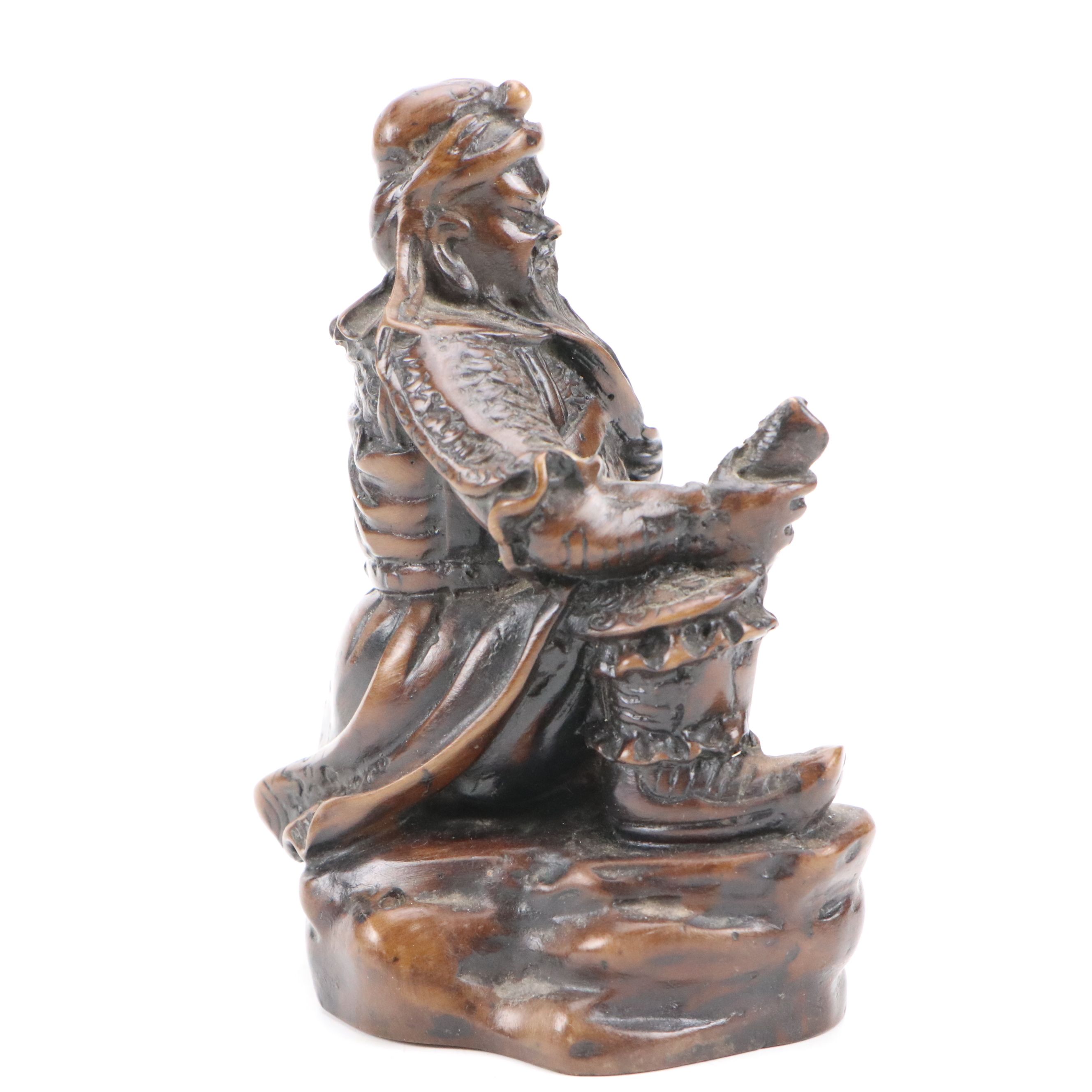 African Hand-Carved Wood Letter Opener with Chinese Guan Yu Figurine