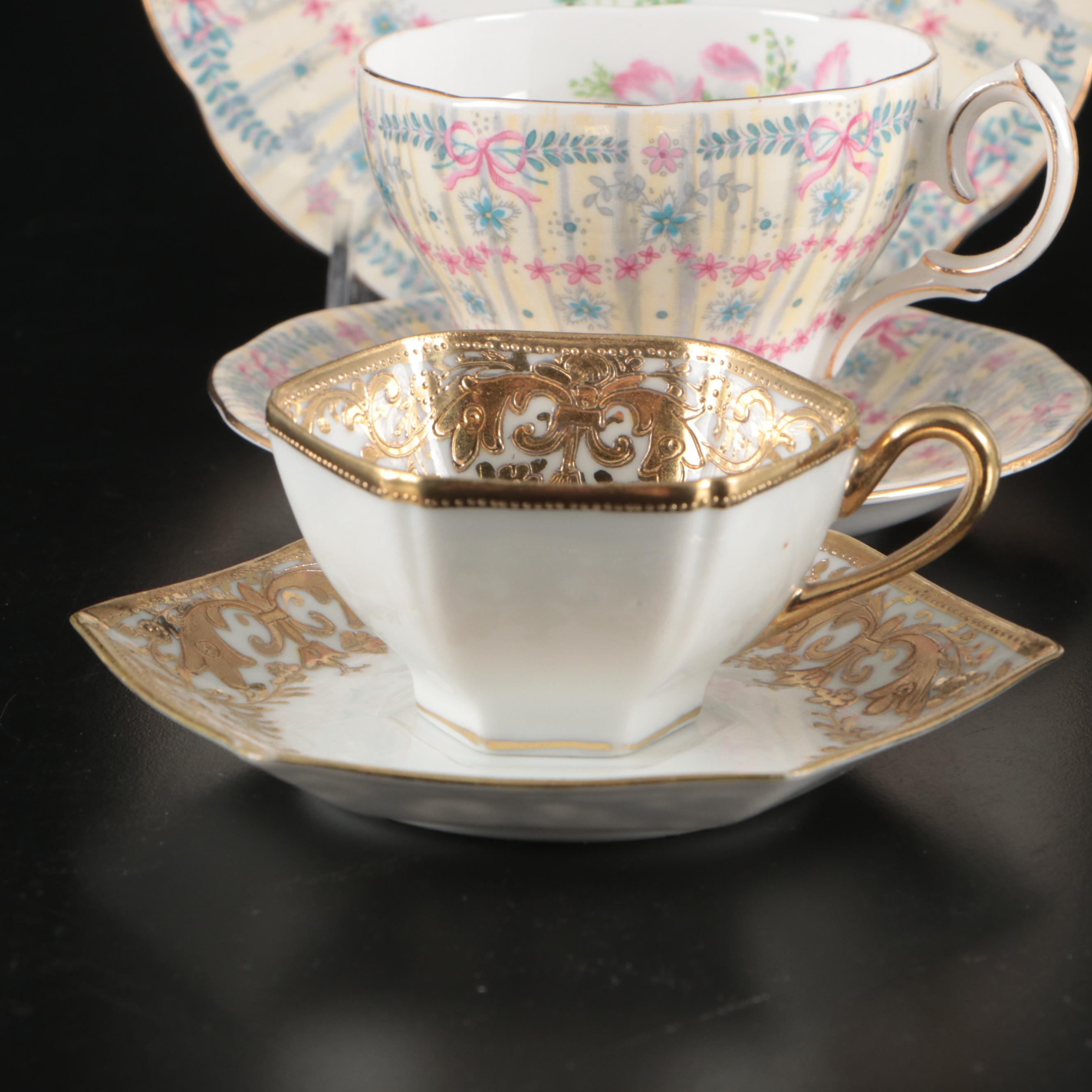 Queen Anne "Royal Bridal Gown" Coffee Pot and Under Plate with Cups and Saucers