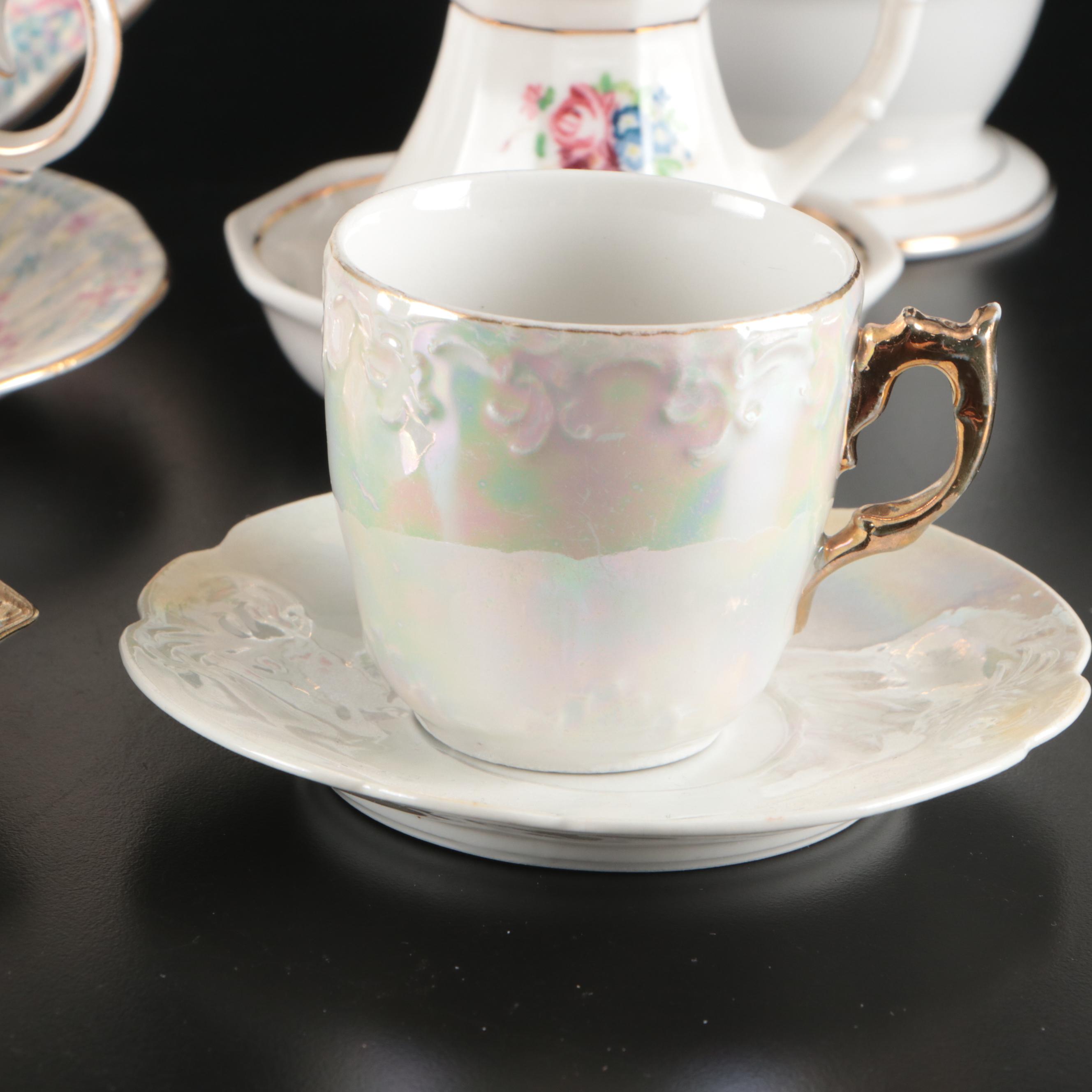 Queen Anne "Royal Bridal Gown" Coffee Pot and Under Plate with Cups and Saucers