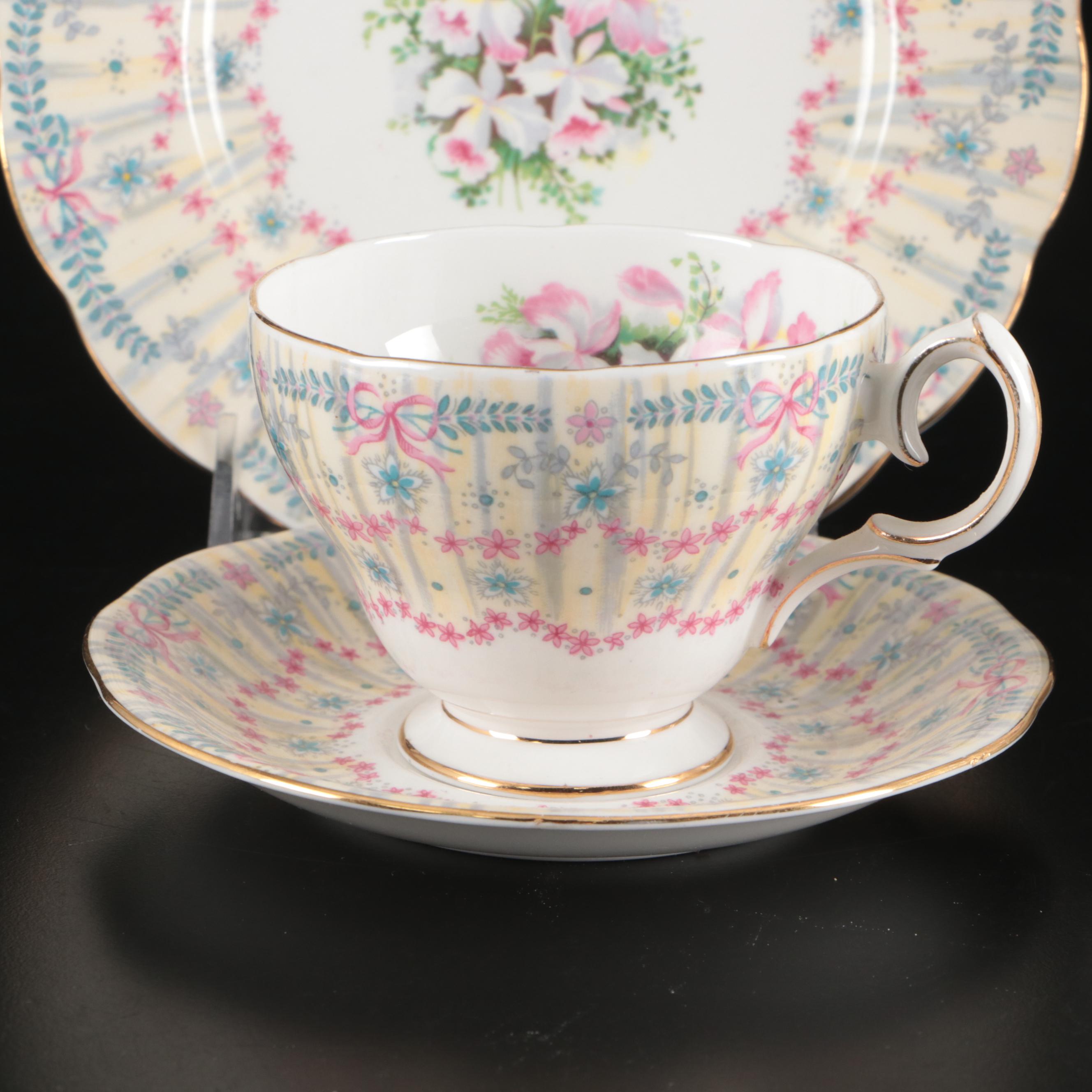 Queen Anne "Royal Bridal Gown" Coffee Pot and Under Plate with Cups and Saucers