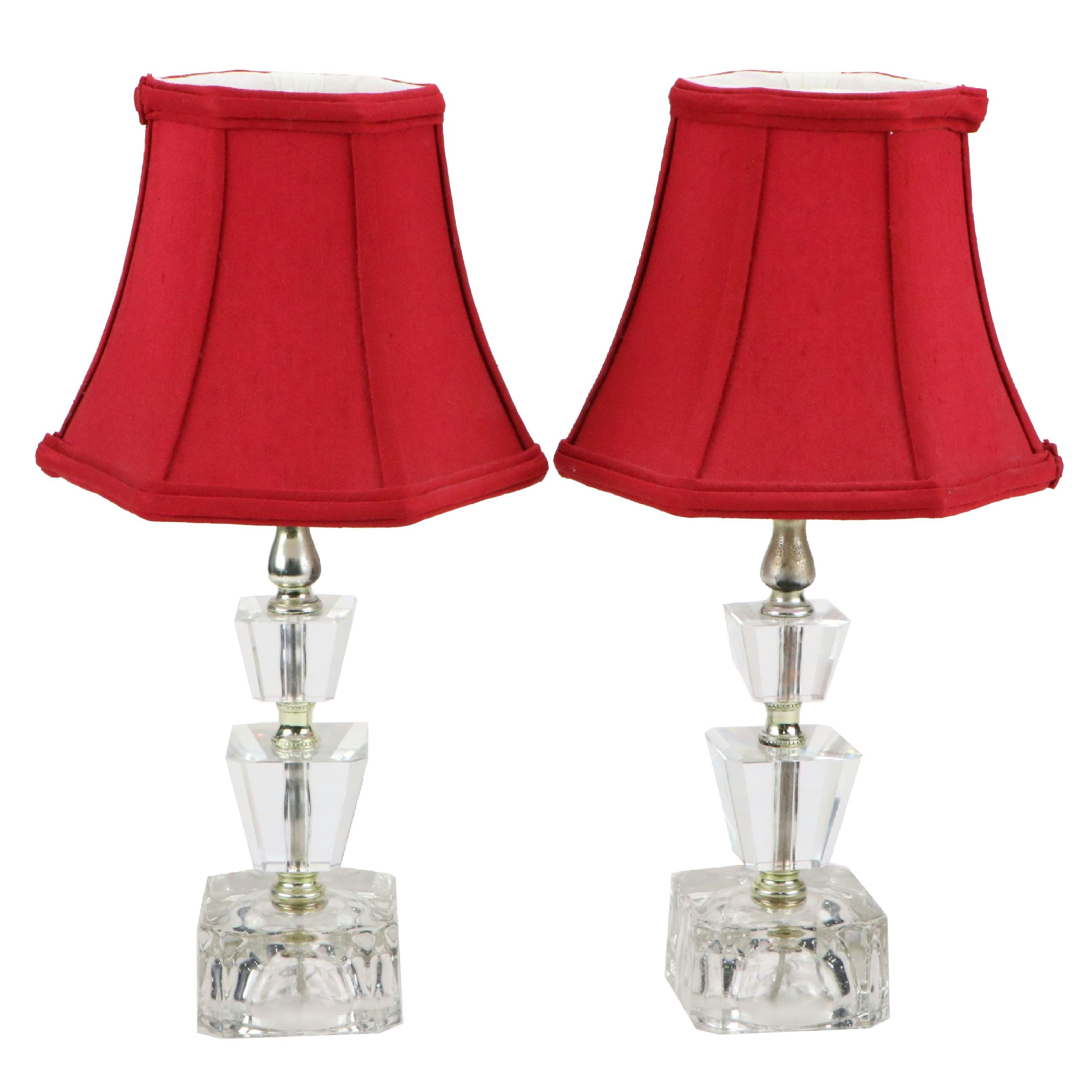 Pair of Hollywood Regency Glass Boudoir Lamps with Paneled Bell Shades