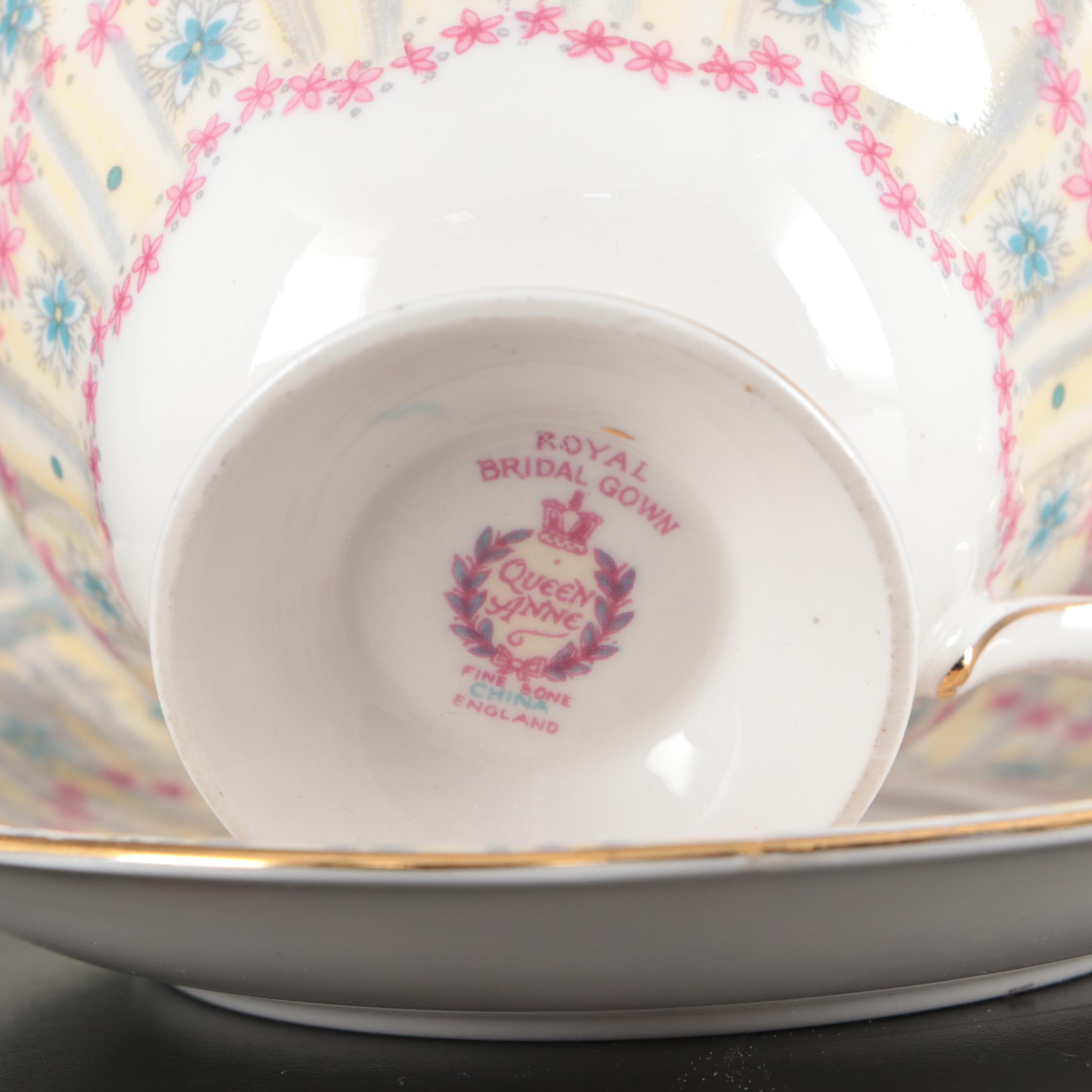 Queen Anne "Royal Bridal Gown" Coffee Pot and Under Plate with Cups and Saucers