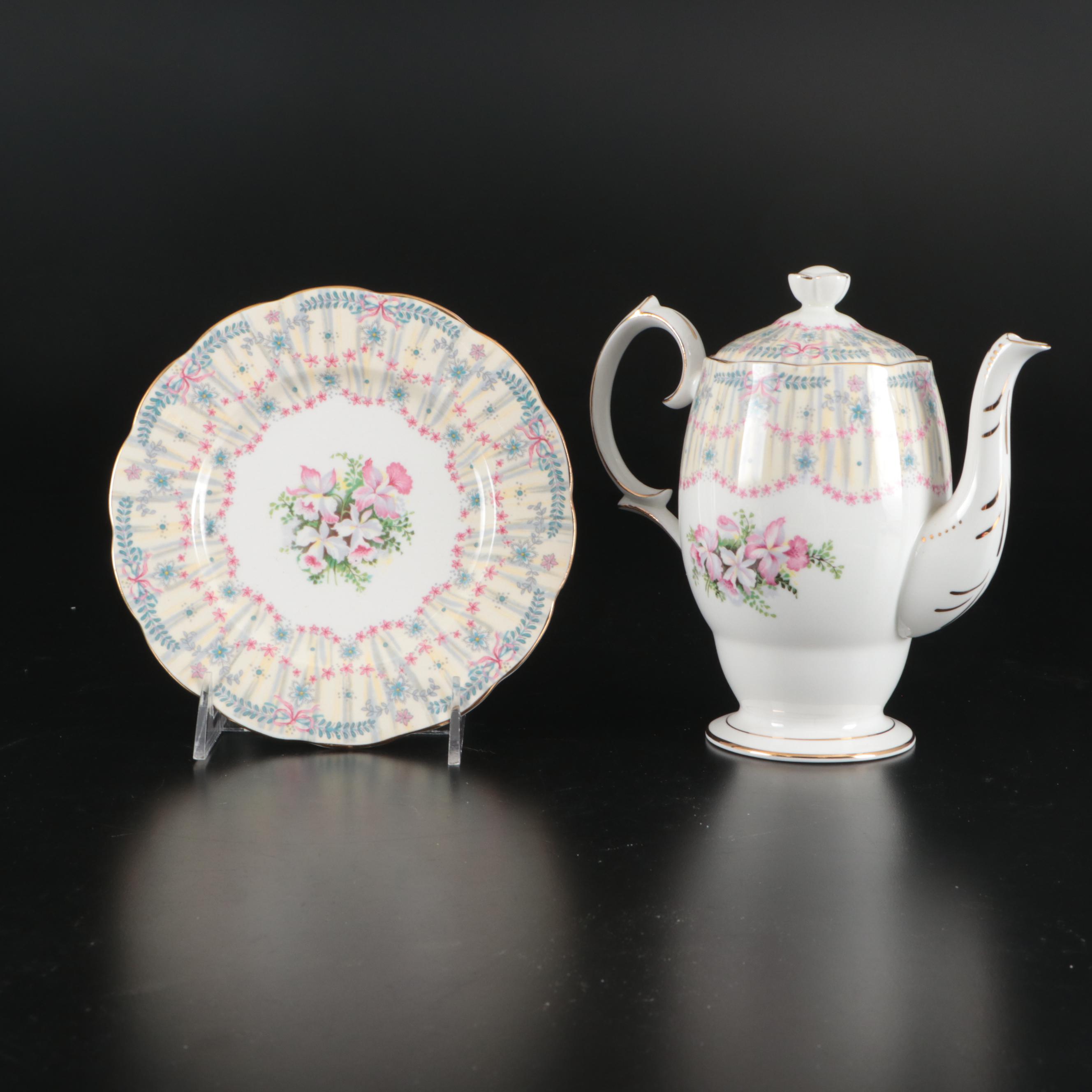 Queen Anne "Royal Bridal Gown" Coffee Pot and Under Plate with Cups and Saucers