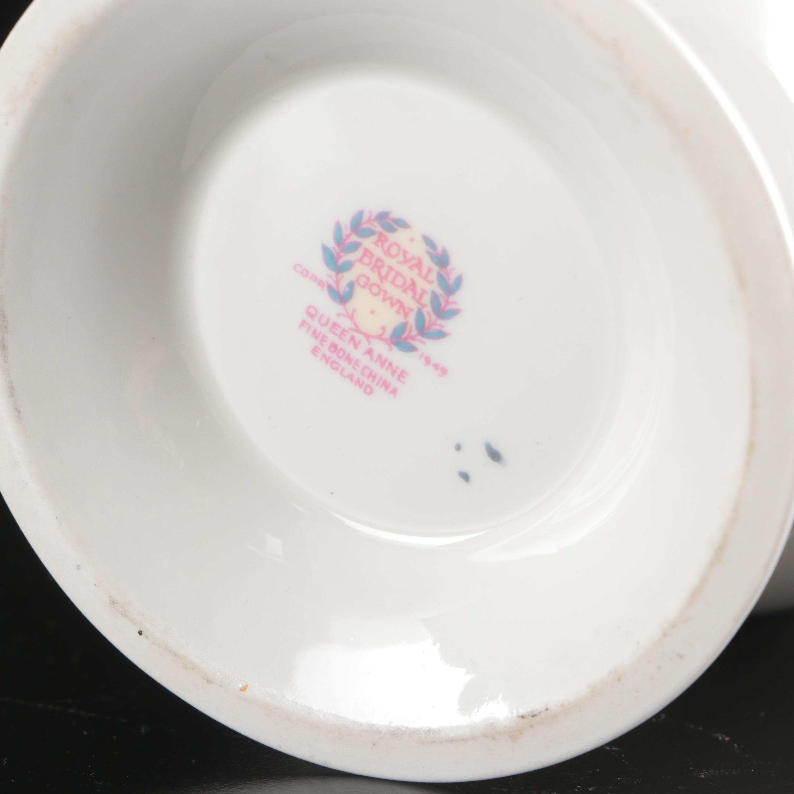 Queen Anne "Royal Bridal Gown" Coffee Pot and Under Plate with Cups and Saucers