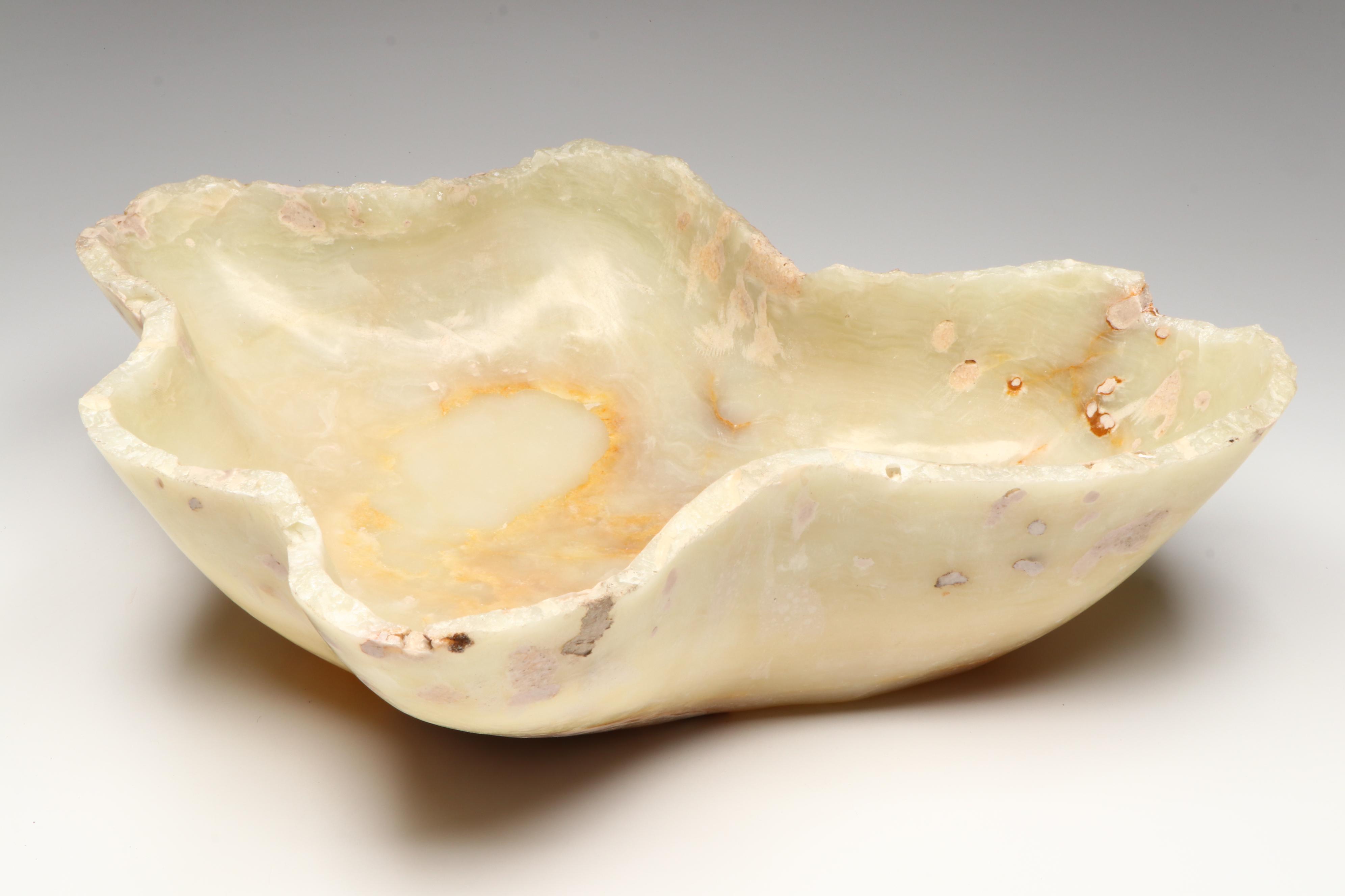 Hand-Polished and Carved Banded Calcite Centerpiece Bowl