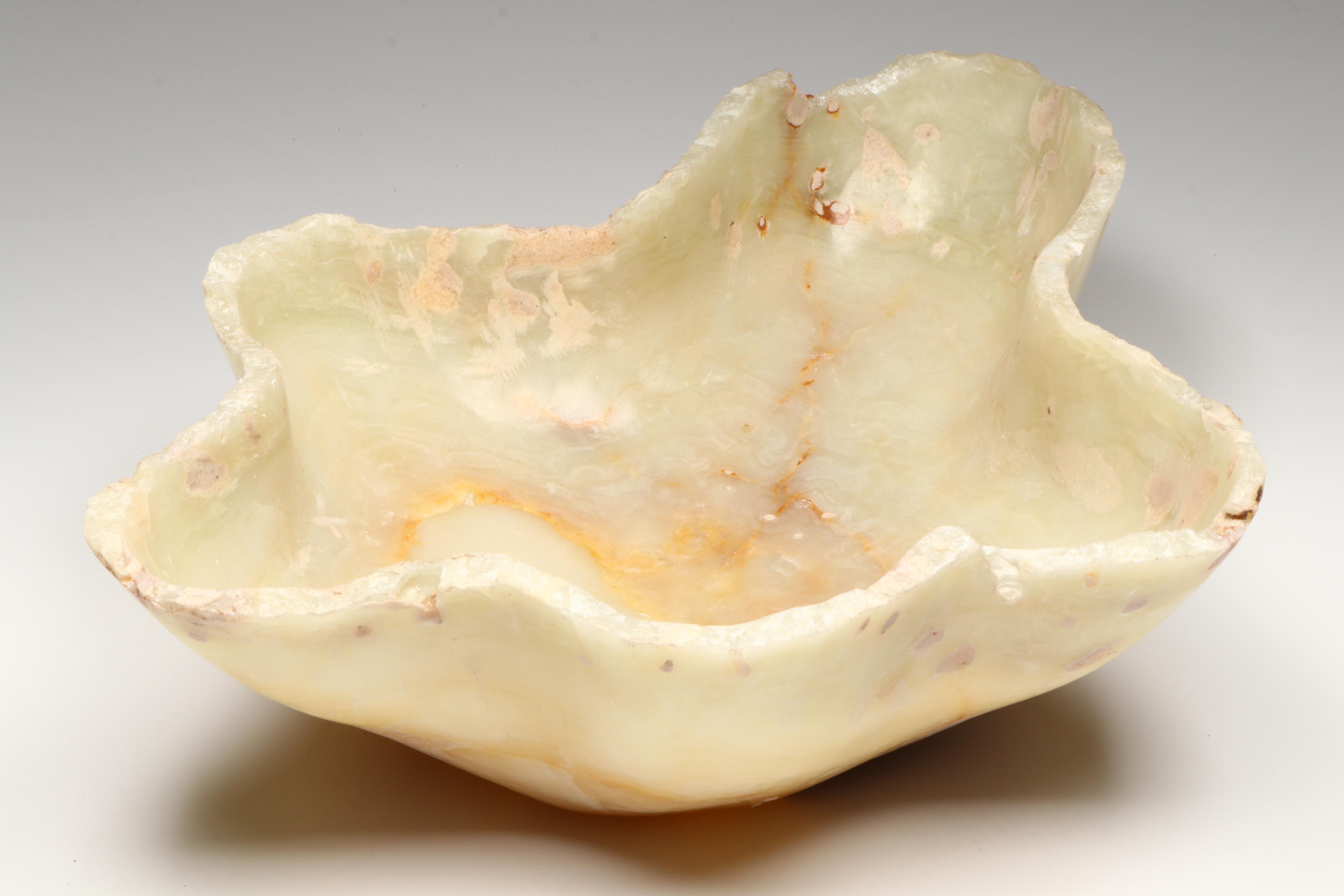 Hand-Polished and Carved Banded Calcite Centerpiece Bowl