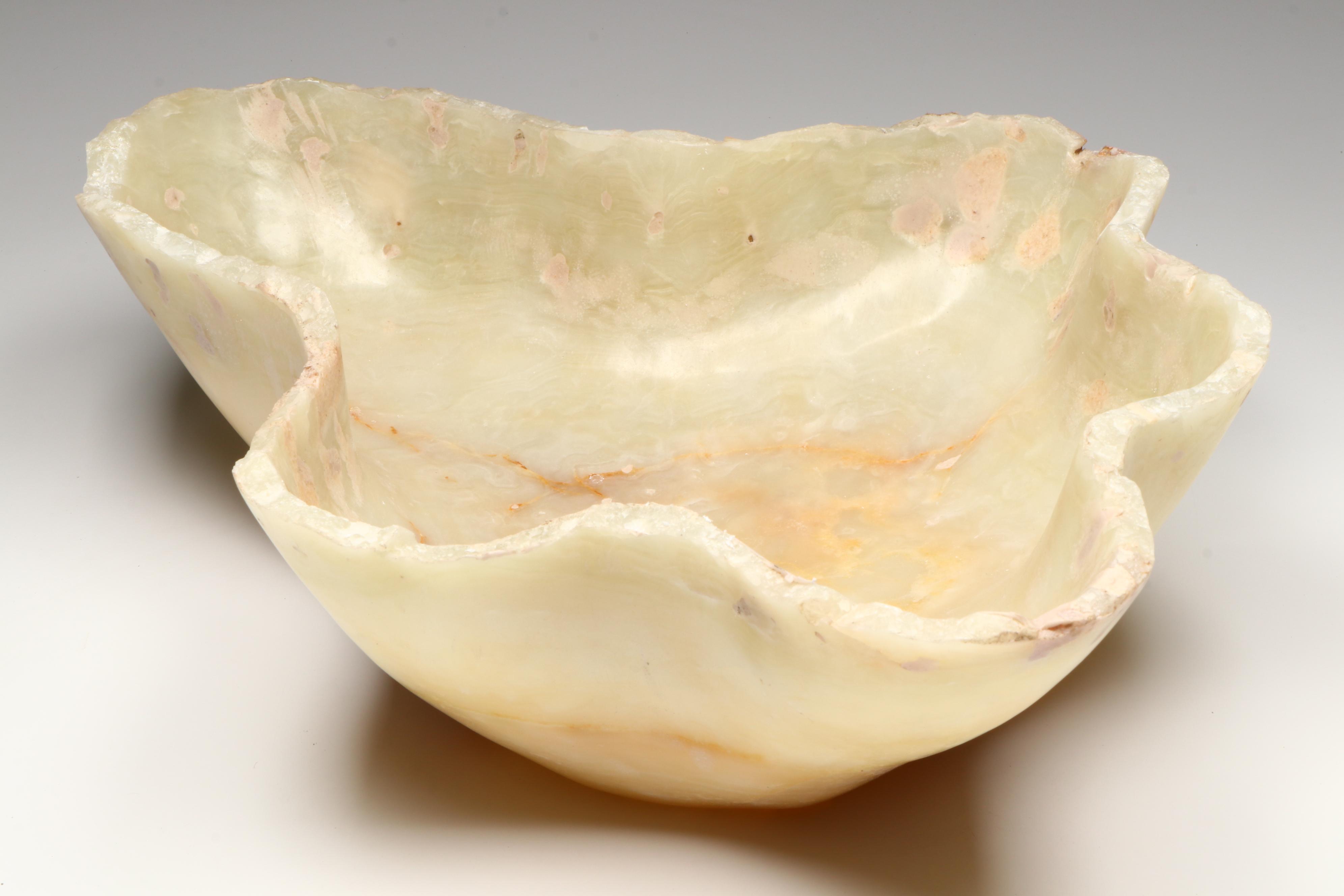 Hand-Polished and Carved Banded Calcite Centerpiece Bowl