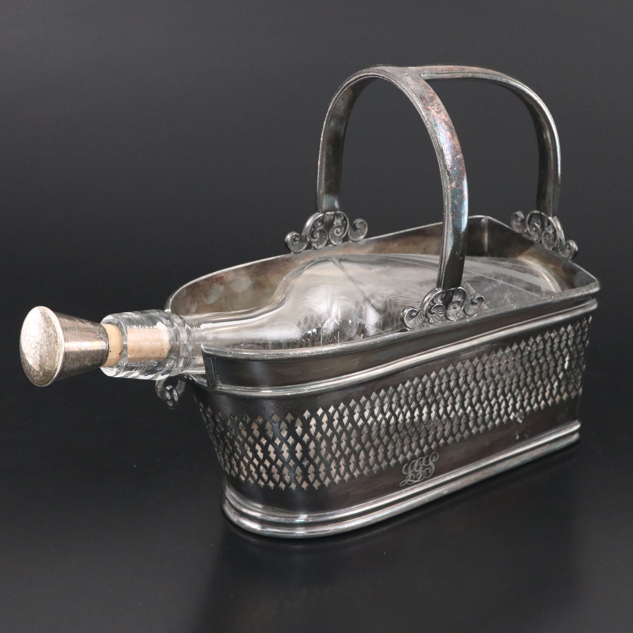Meriden Britannia Co. Silver Plate Cradle with Other Etched Glass Decanter