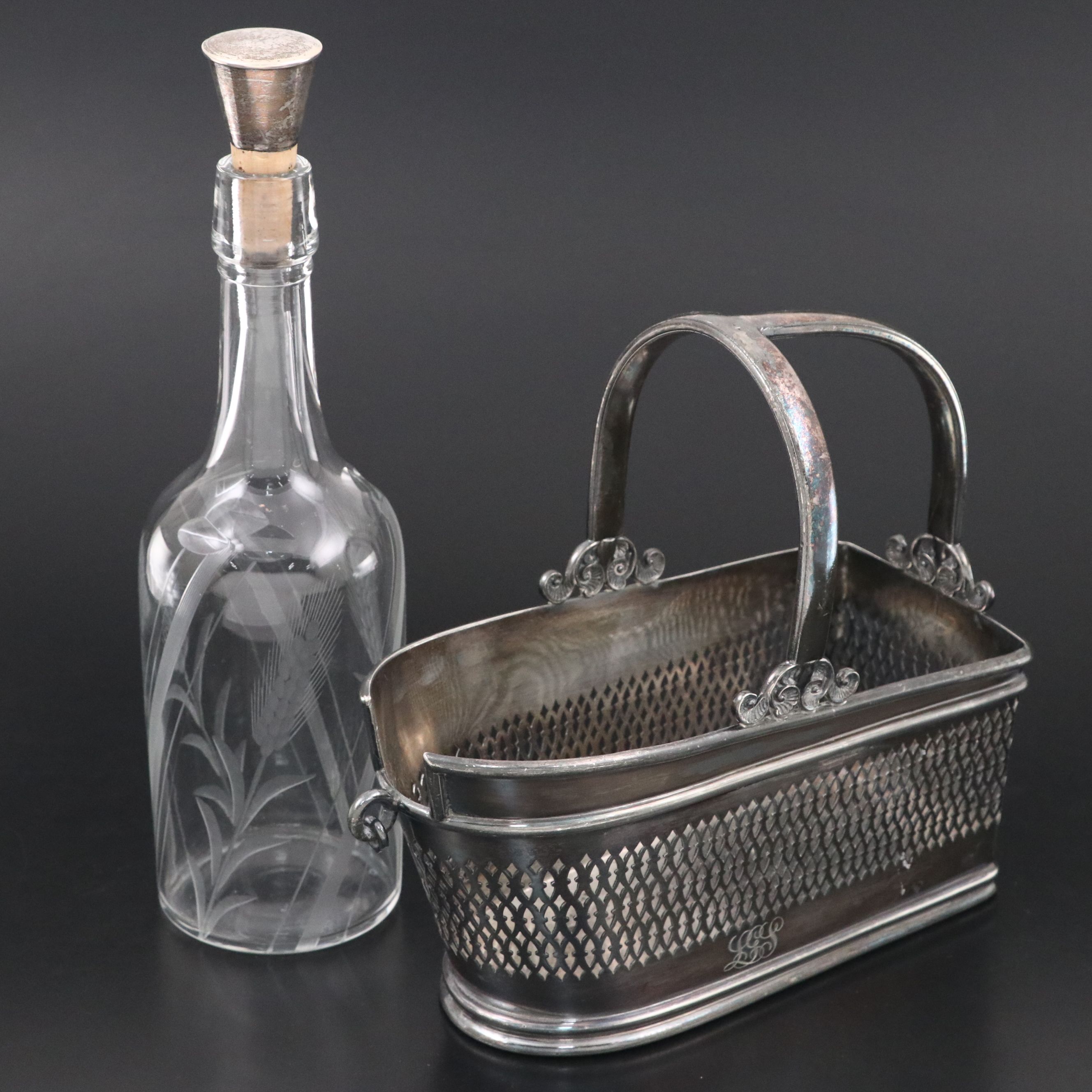 Meriden Britannia Co. Silver Plate Cradle with Other Etched Glass Decanter