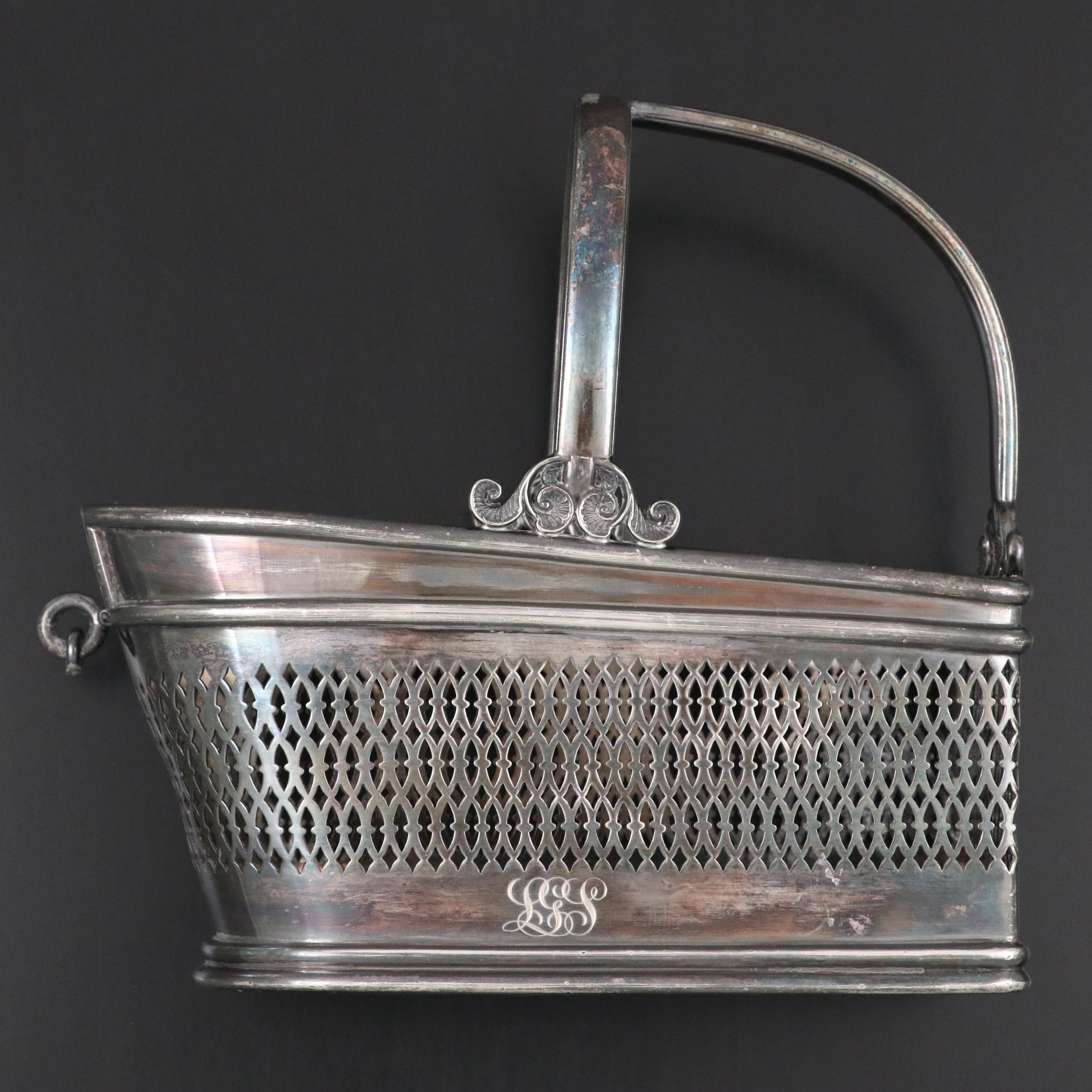 Meriden Britannia Co. Silver Plate Cradle with Other Etched Glass Decanter