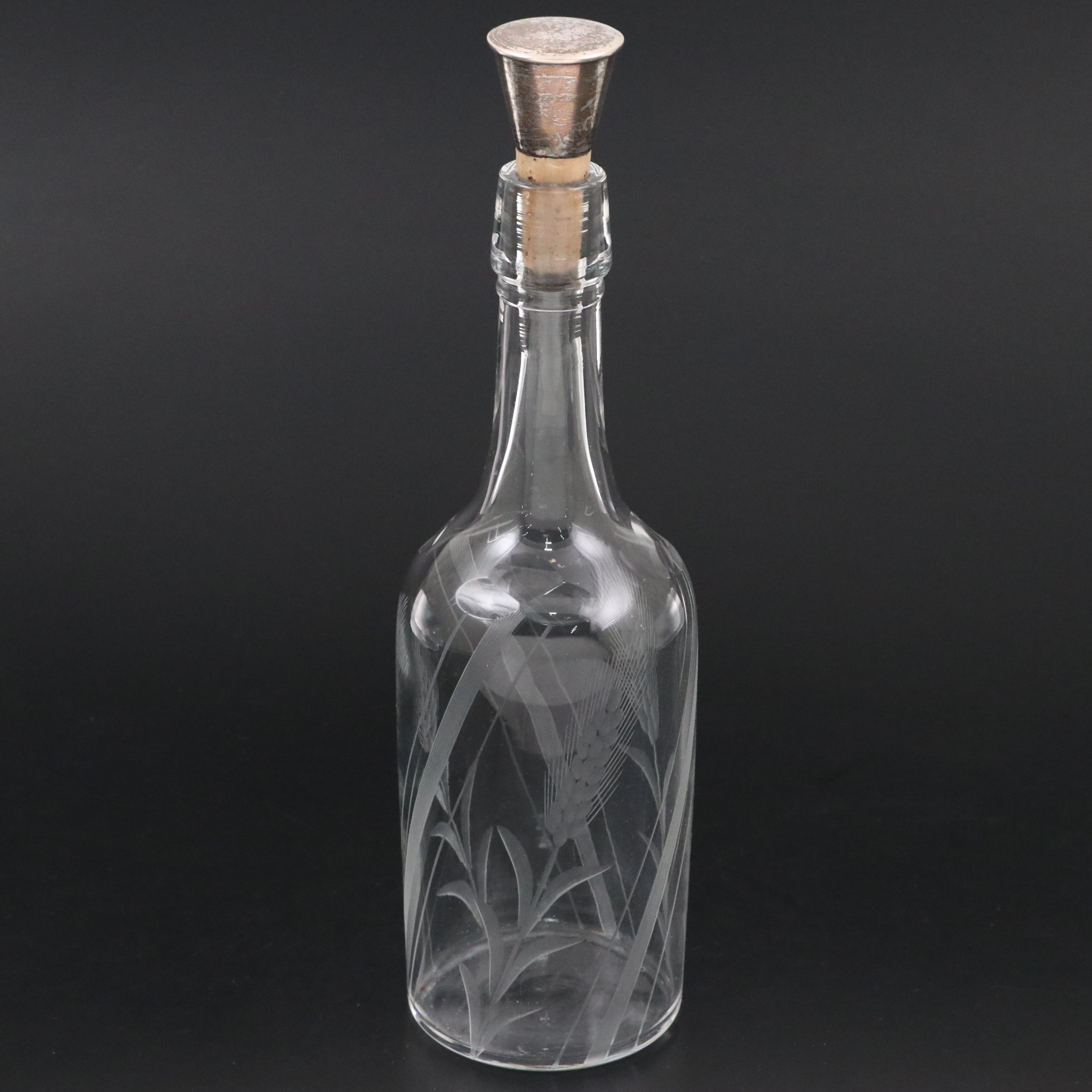 Meriden Britannia Co. Silver Plate Cradle with Other Etched Glass Decanter