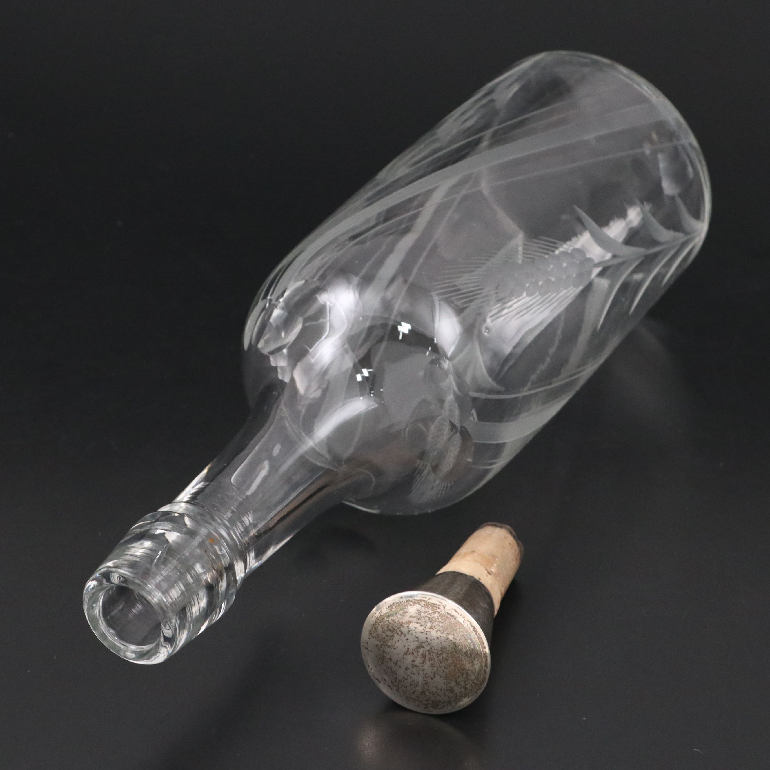 Meriden Britannia Co. Silver Plate Cradle with Other Etched Glass Decanter