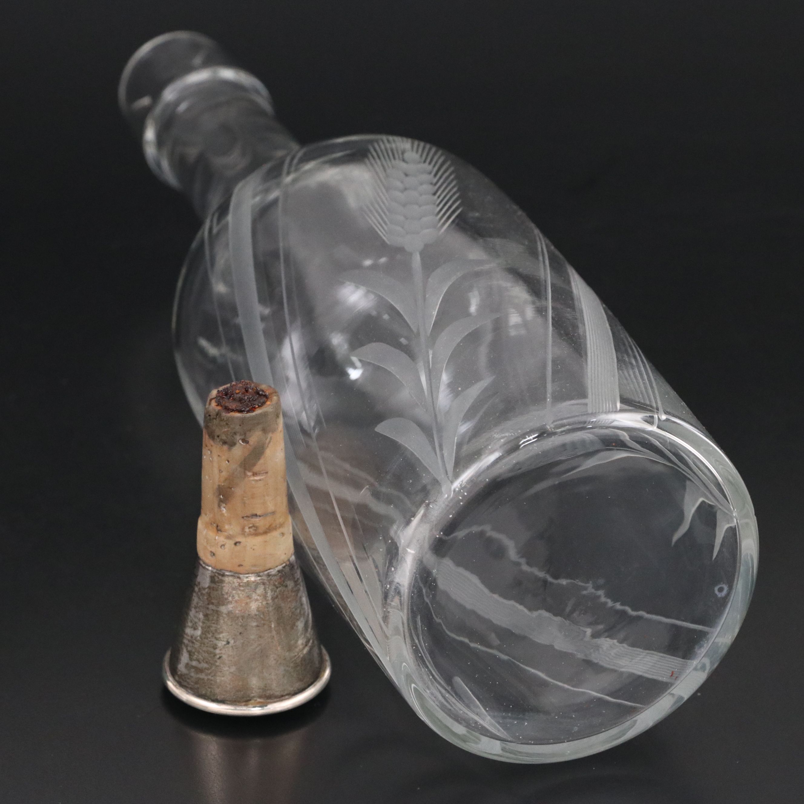 Meriden Britannia Co. Silver Plate Cradle with Other Etched Glass Decanter