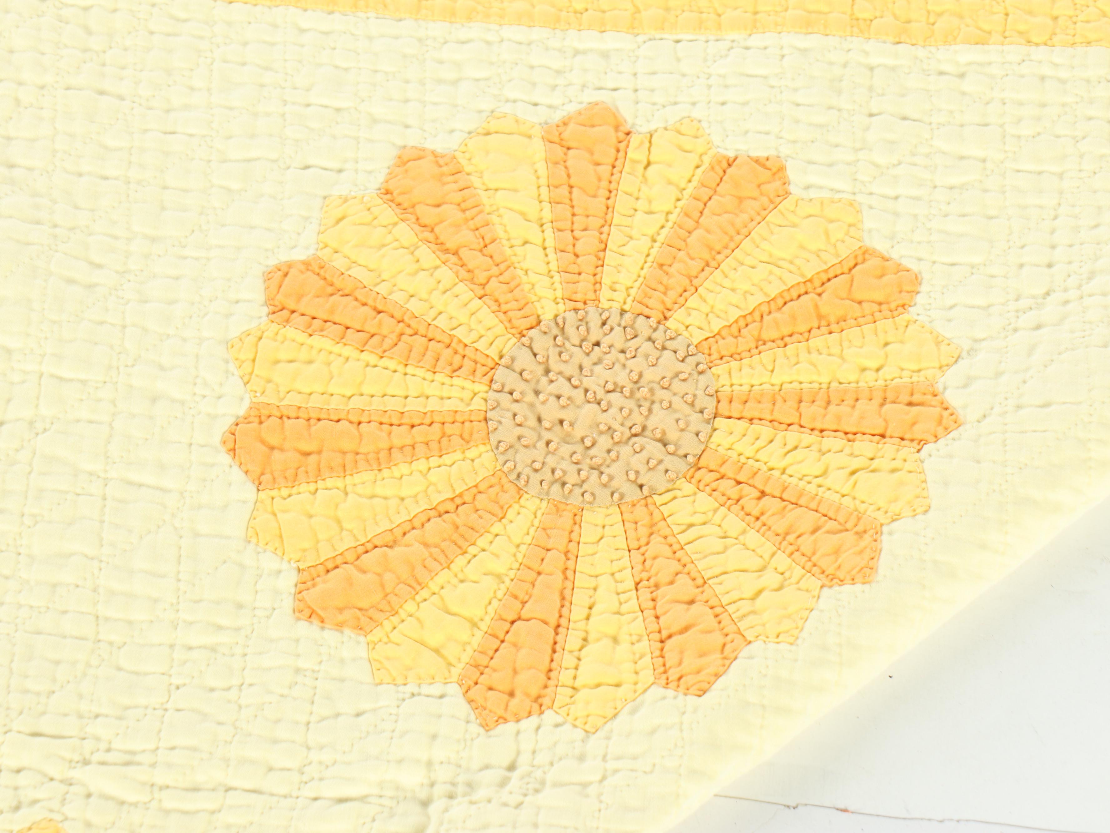 Handmade Appliqué "Dresden Sunflowers" on Whole Cloth Quilt