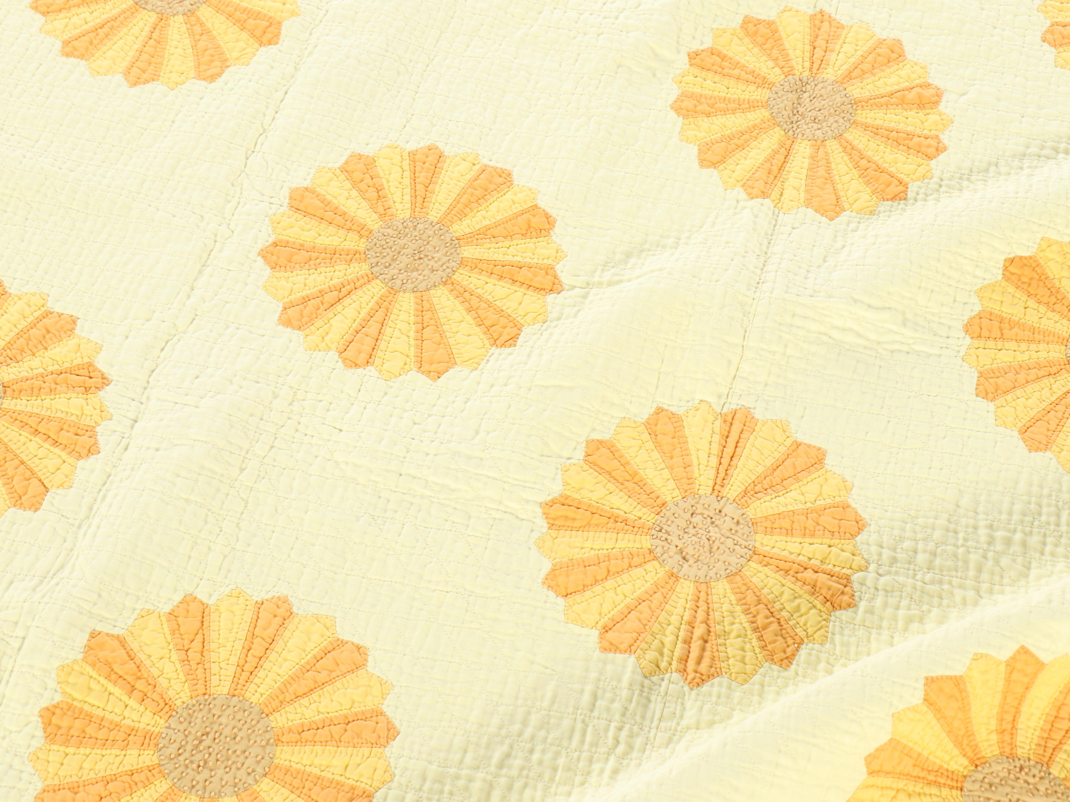 Handmade Appliqué "Dresden Sunflowers" on Whole Cloth Quilt
