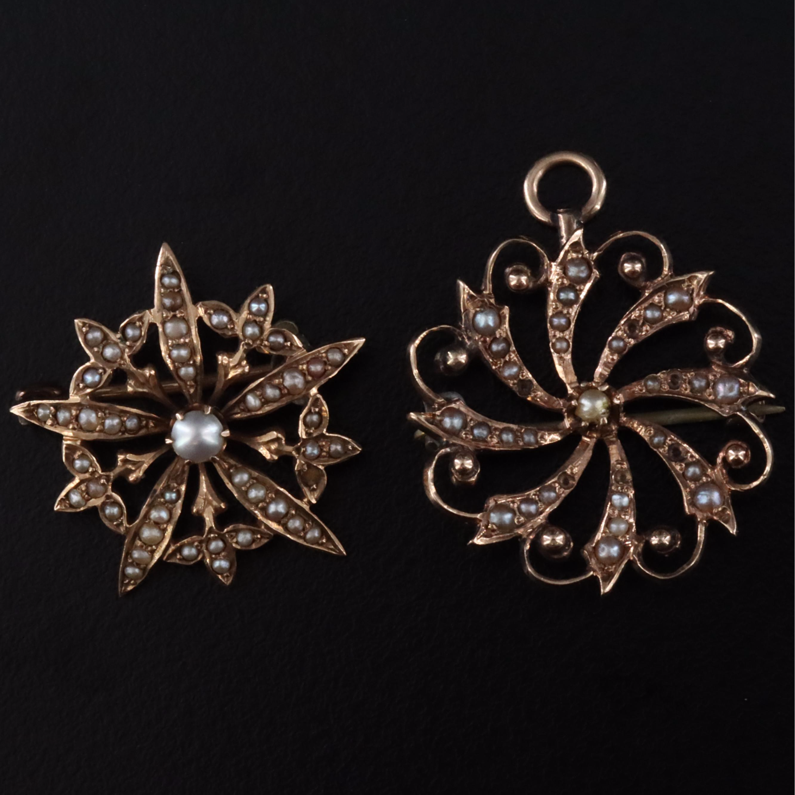 Antique 10K Seed Pearl Floral and Pinwheel Pins