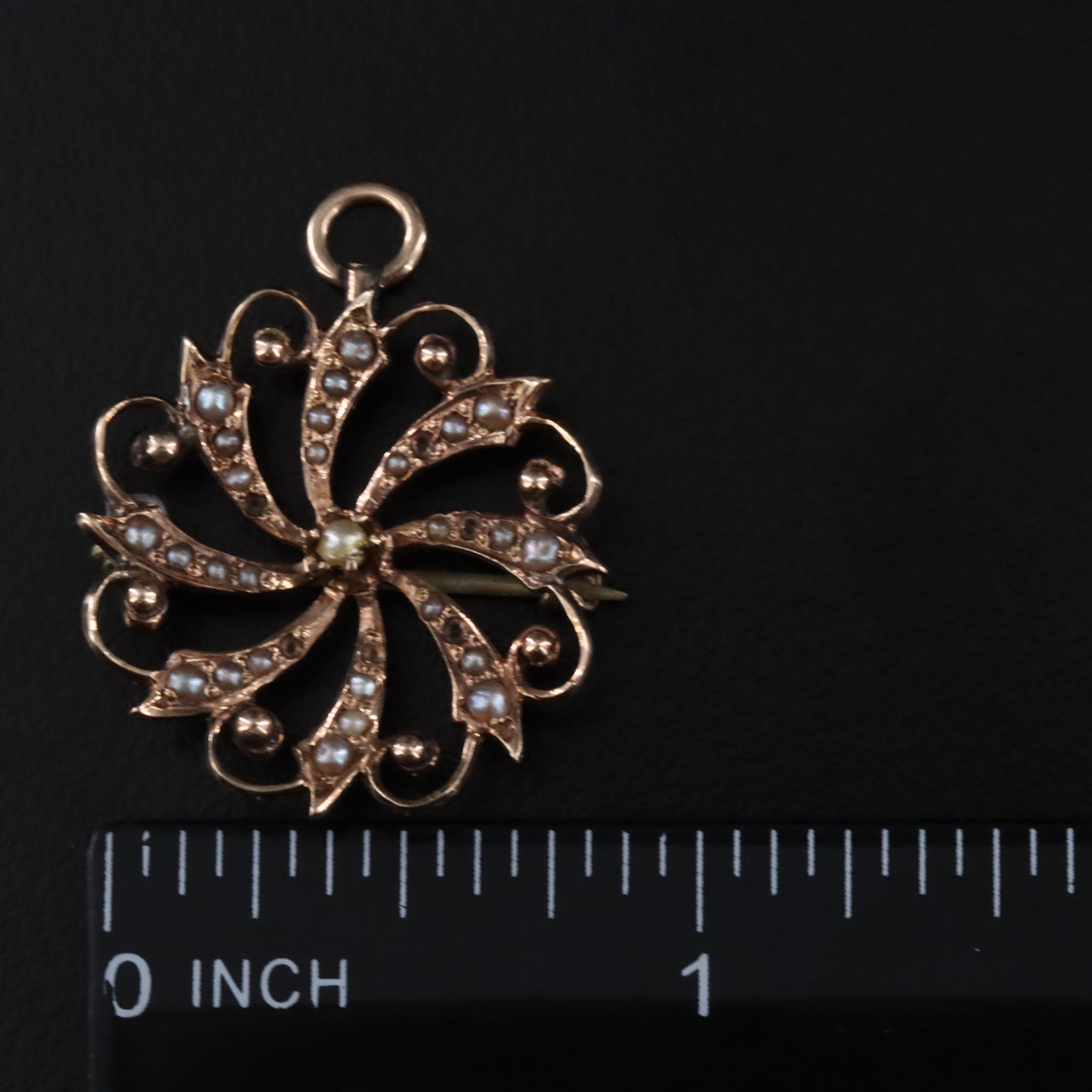 Antique 10K Seed Pearl Floral and Pinwheel Pins