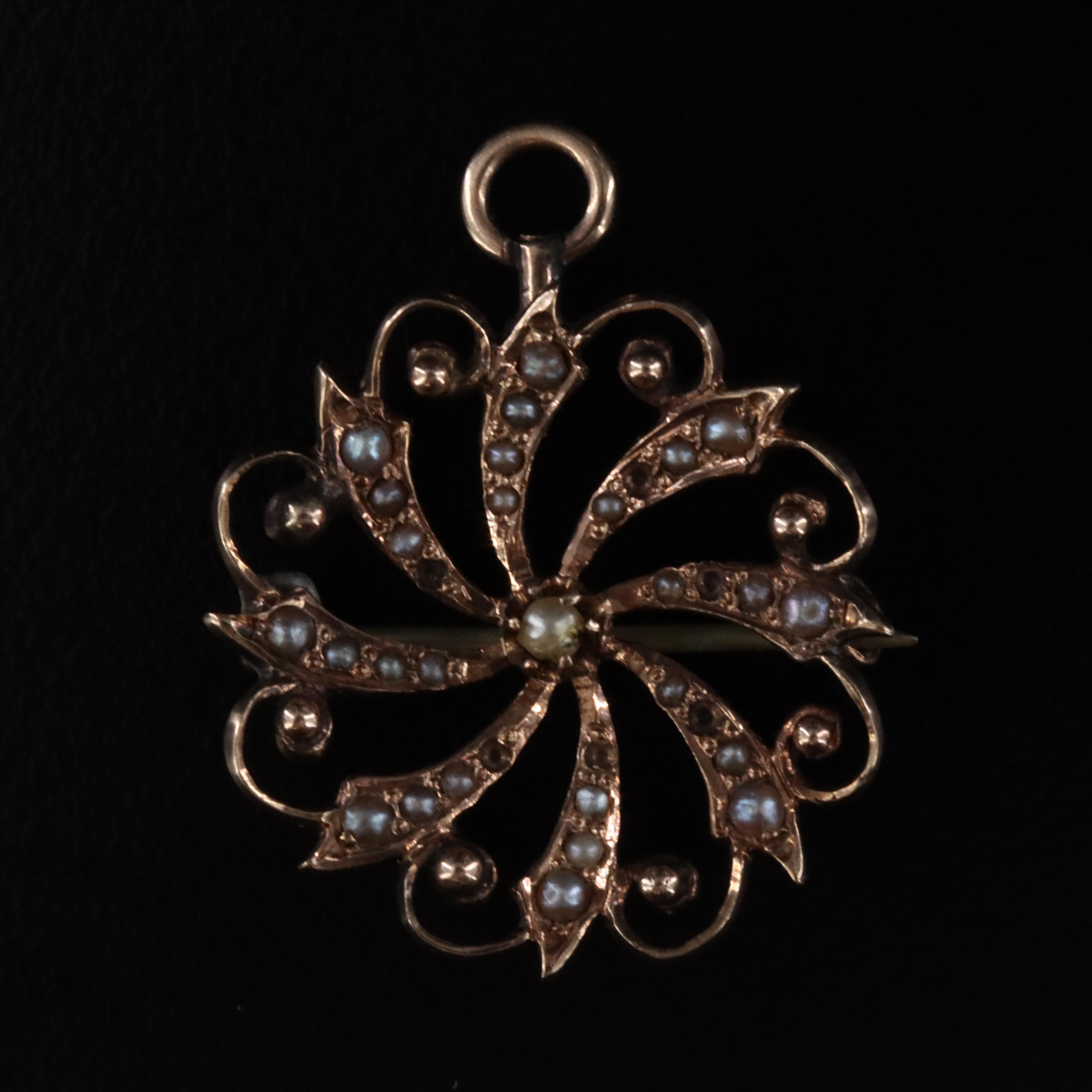 Antique 10K Seed Pearl Floral and Pinwheel Pins