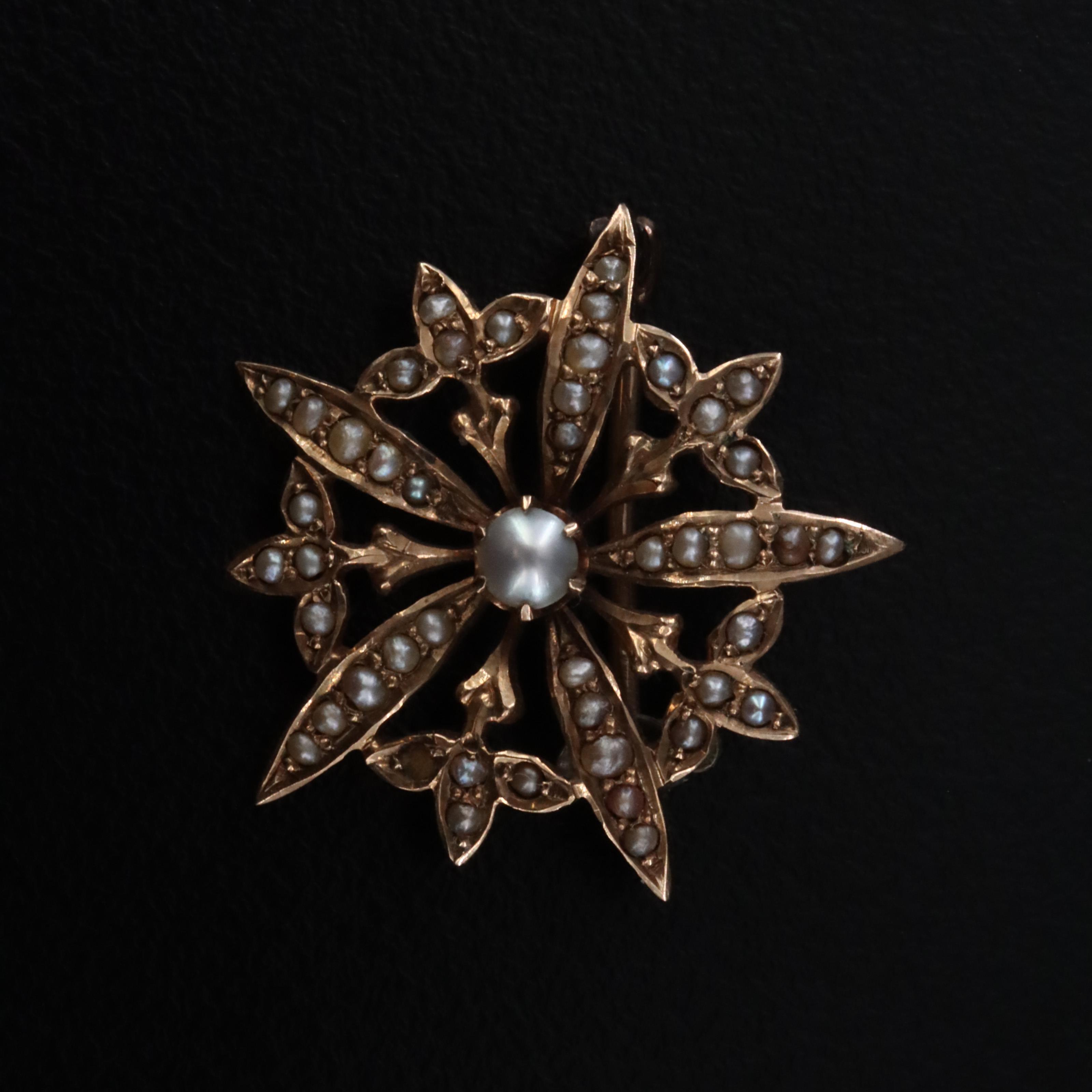 Antique 10K Seed Pearl Floral and Pinwheel Pins