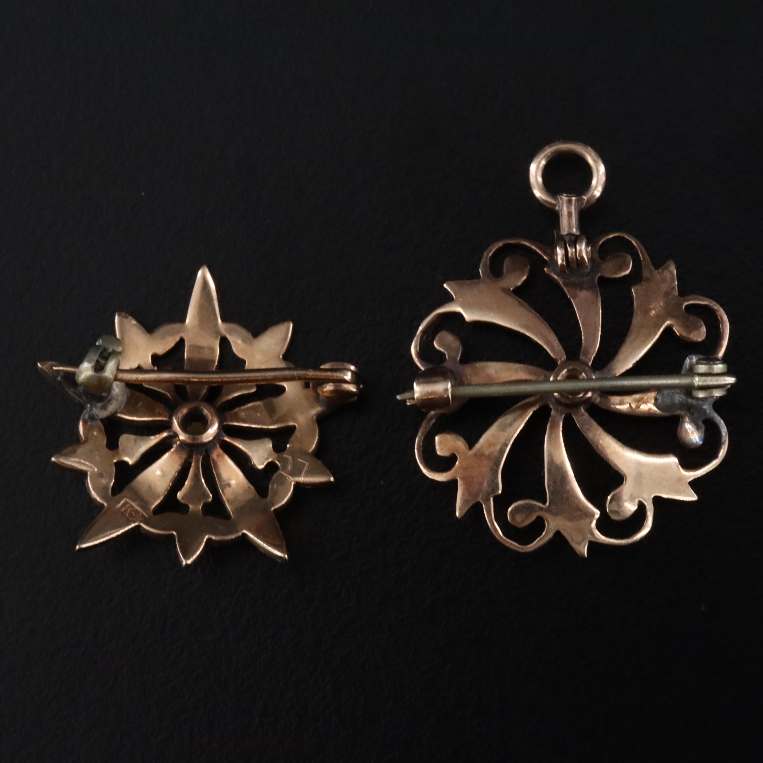 Antique 10K Seed Pearl Floral and Pinwheel Pins