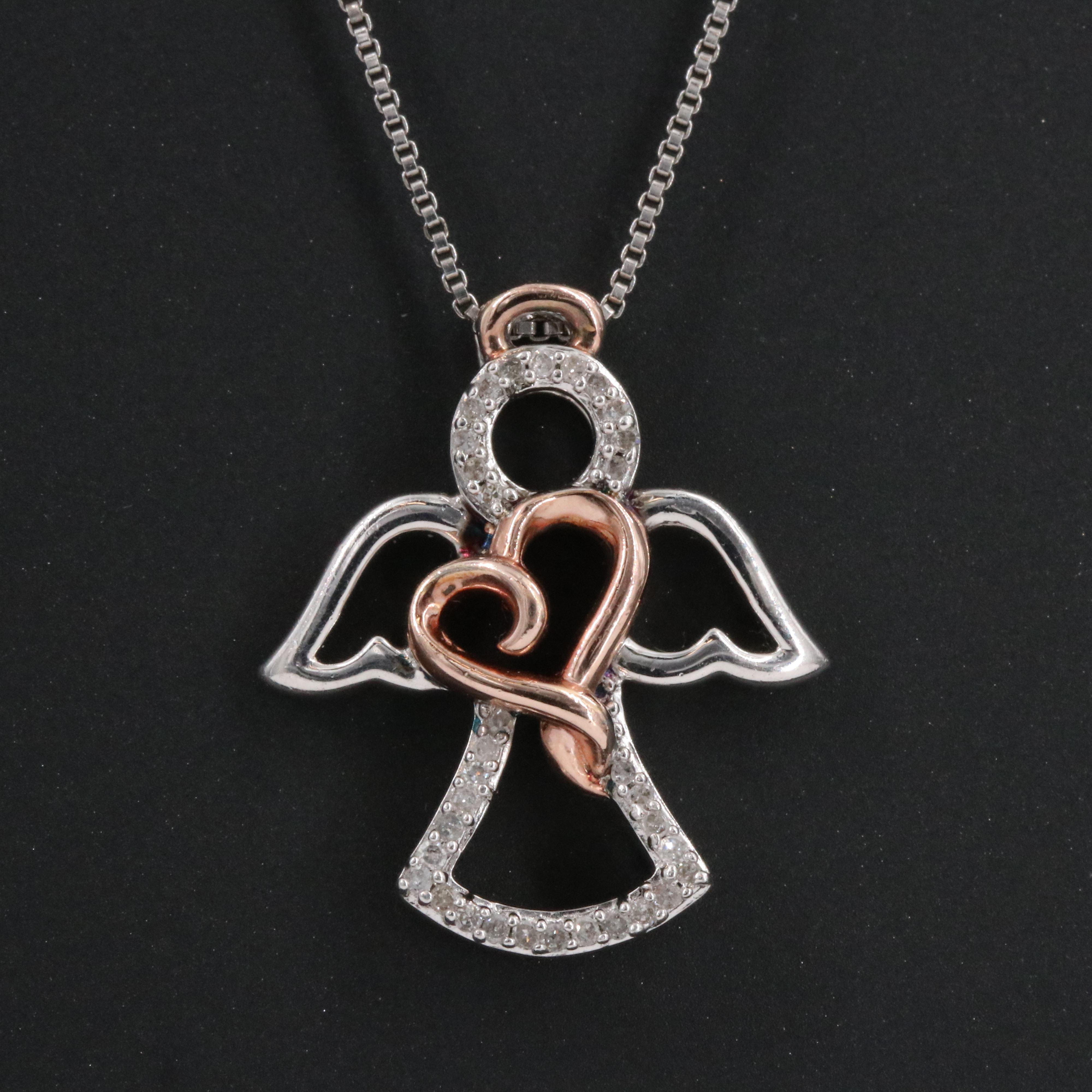 Sterling Diamond Angel Pendant Necklace with Rose Tone Heart Accent