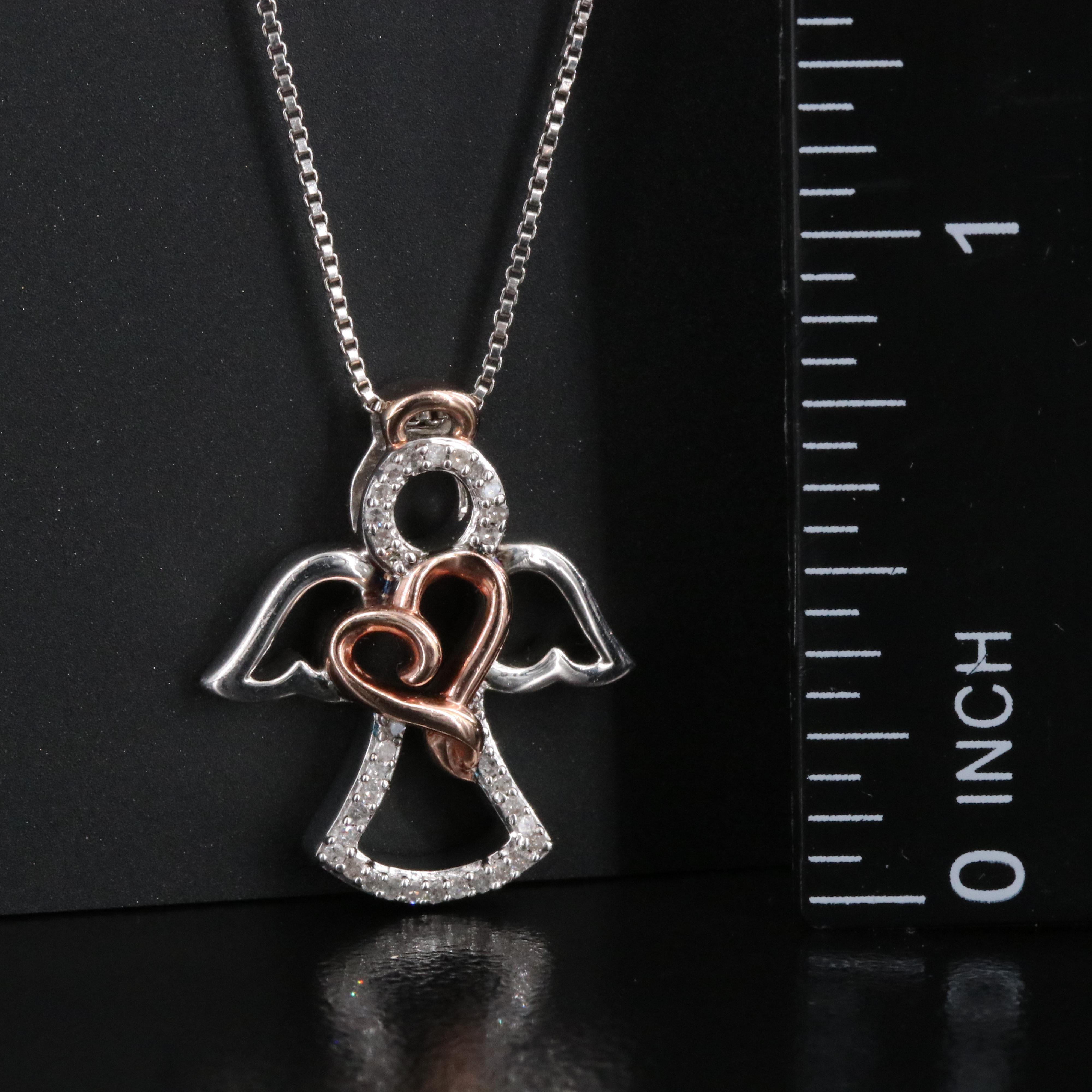 Sterling Diamond Angel Pendant Necklace with Rose Tone Heart Accent