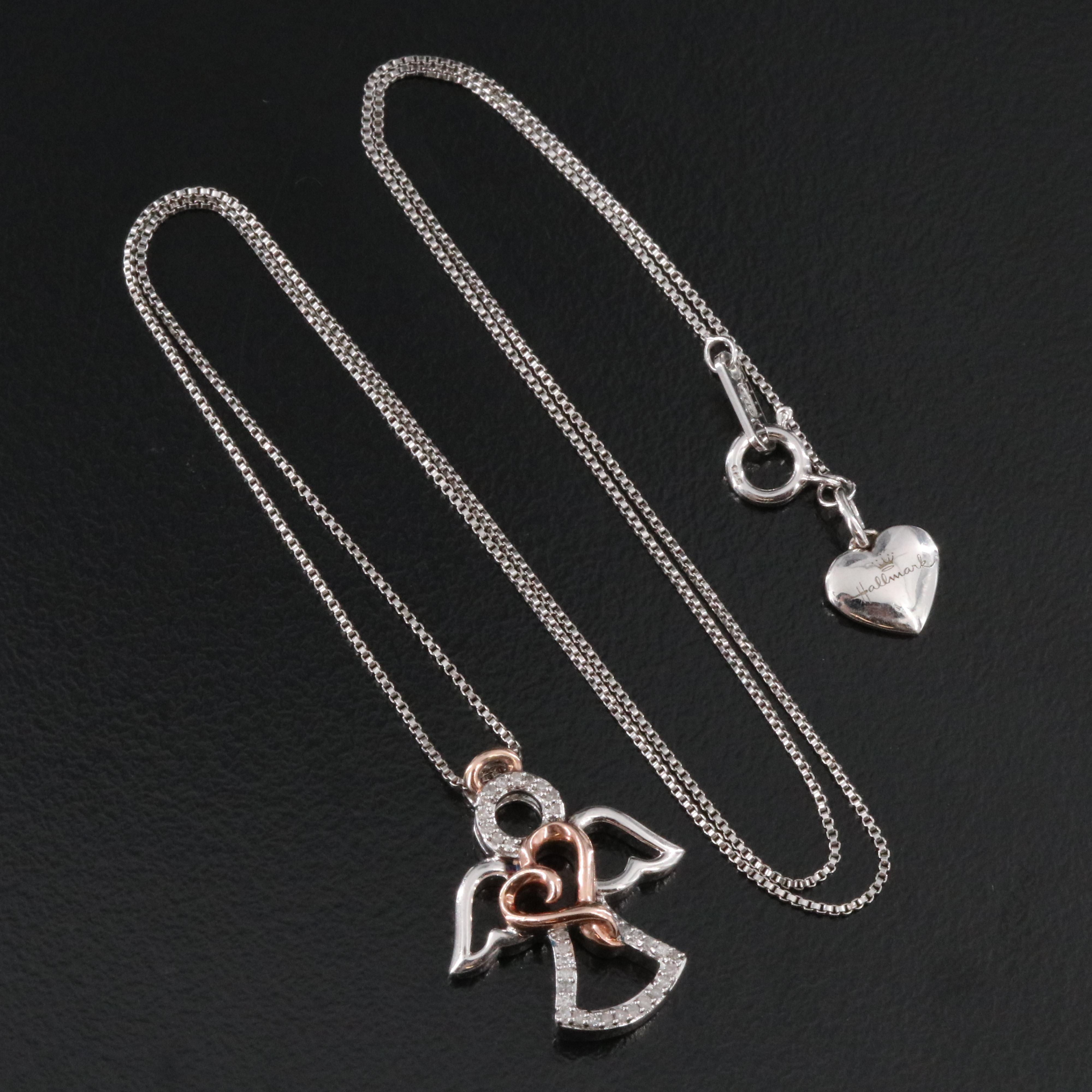 Sterling Diamond Angel Pendant Necklace with Rose Tone Heart Accent