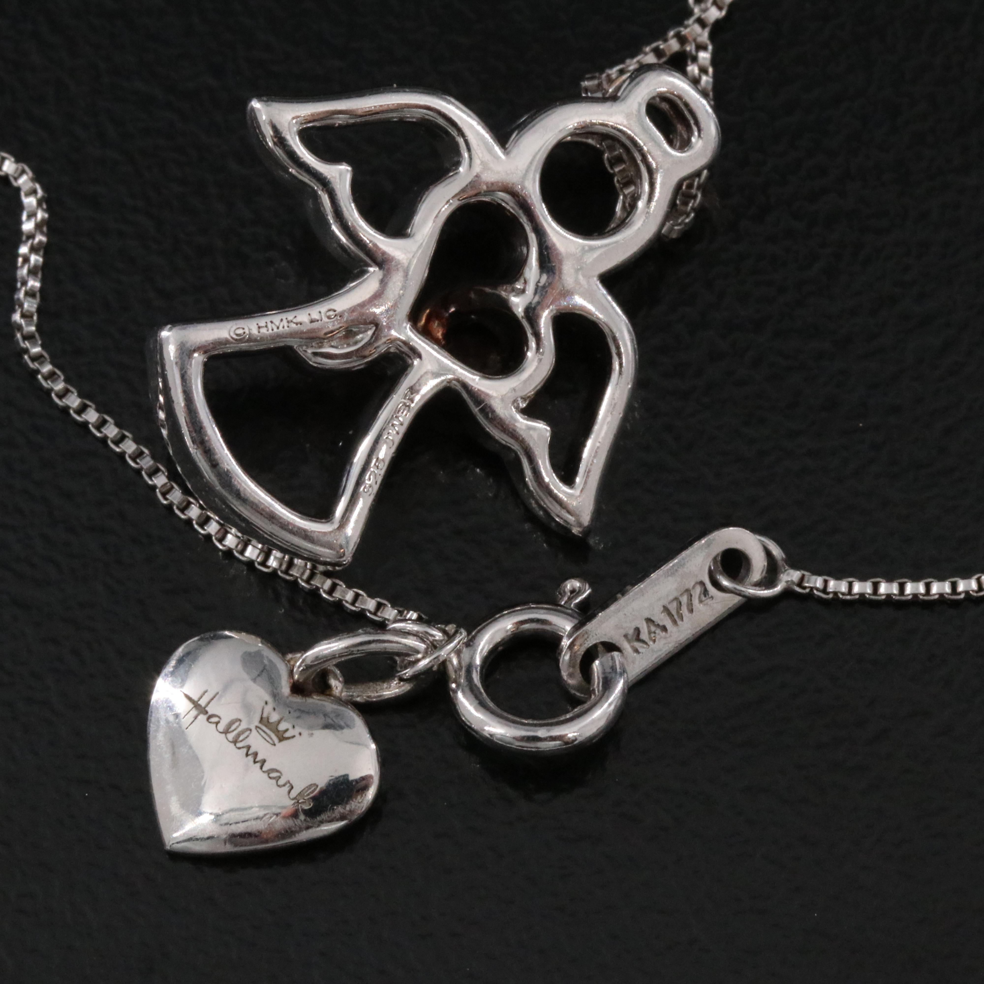 Sterling Diamond Angel Pendant Necklace with Rose Tone Heart Accent