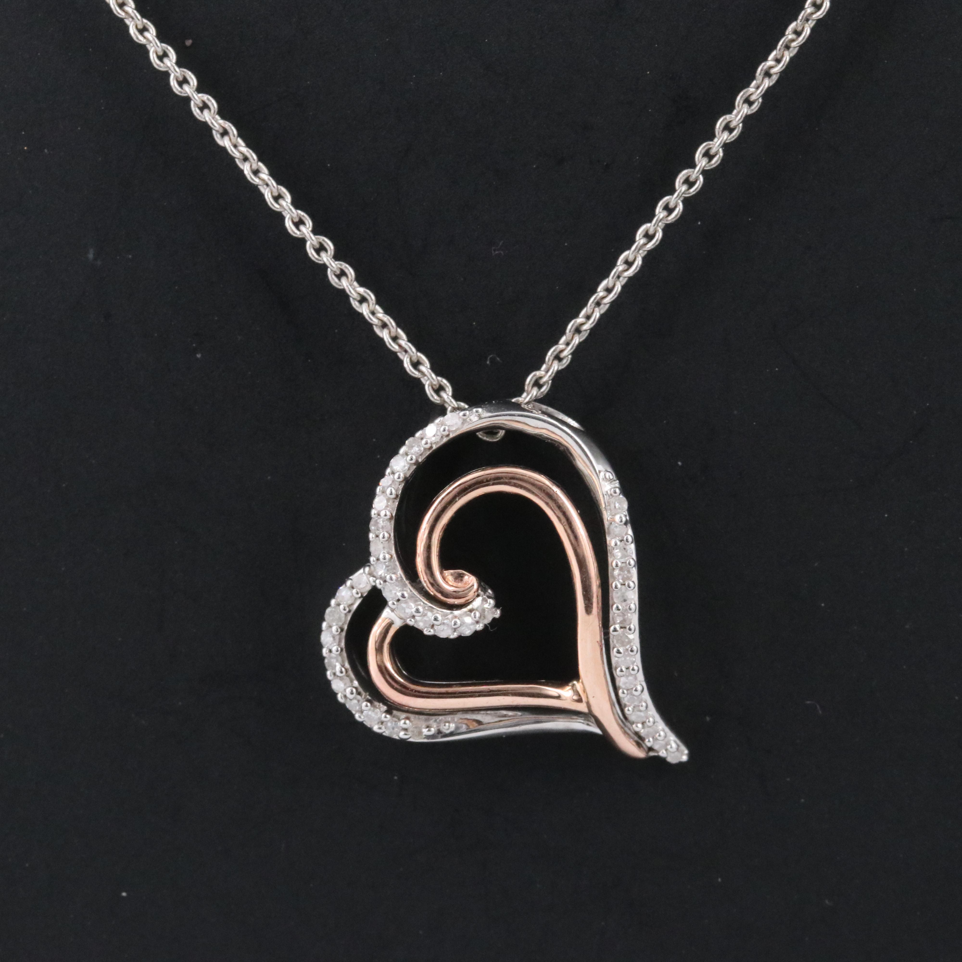 Sterling Diamond Heart Pendant Necklace with 10K Rose Gold Accent