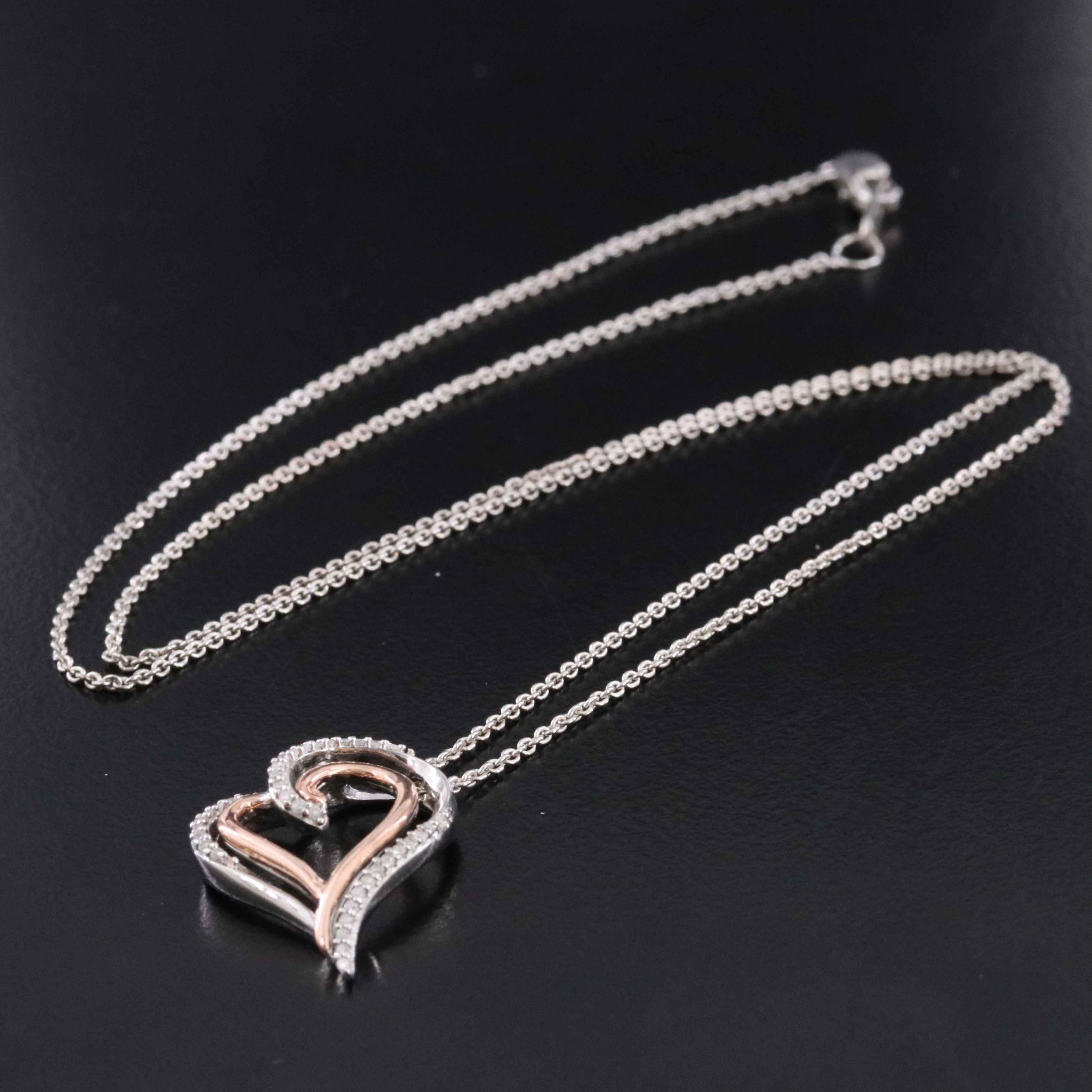 Sterling Diamond Heart Pendant Necklace with 10K Rose Gold Accent