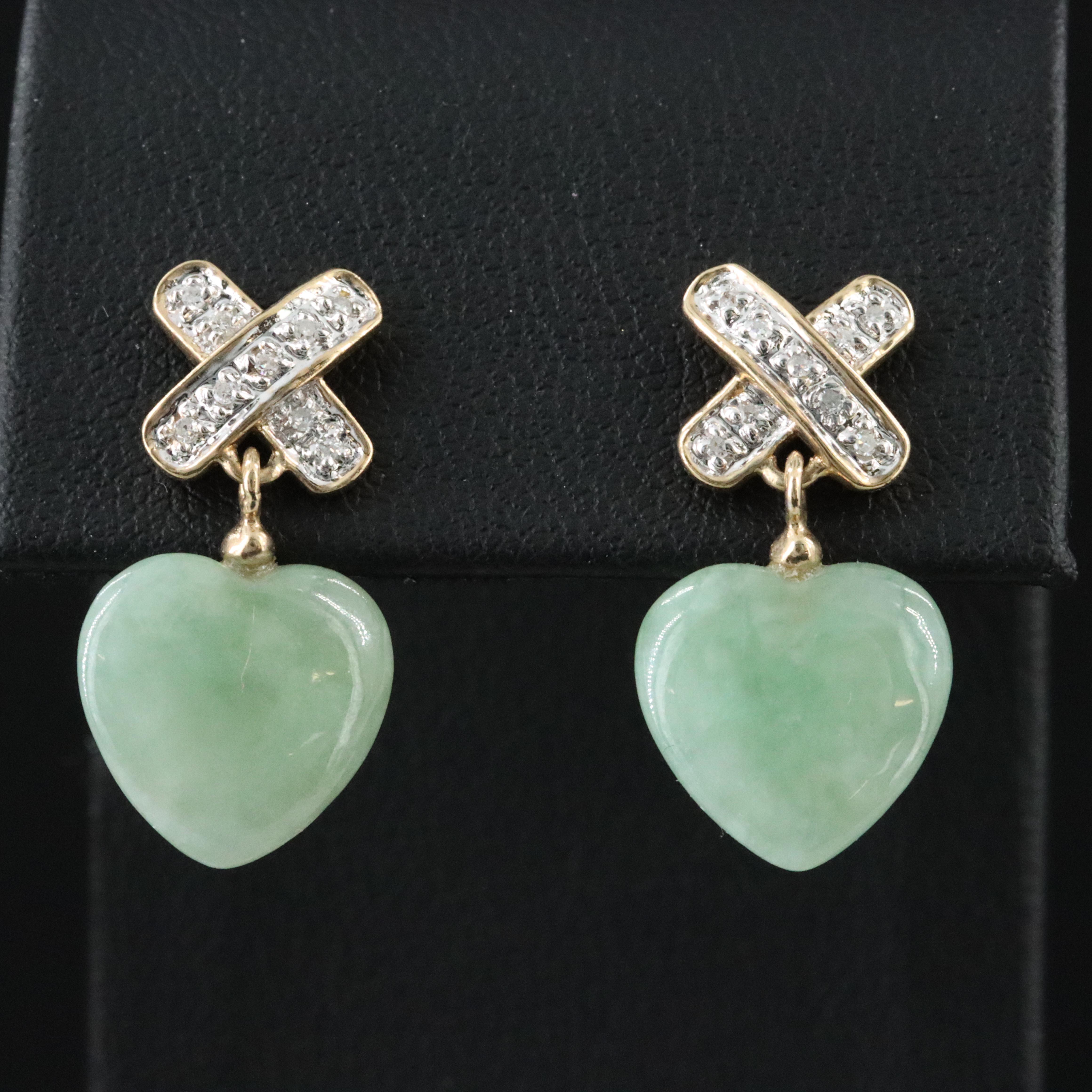 14K Jadeite and Diamond Heart Earrings