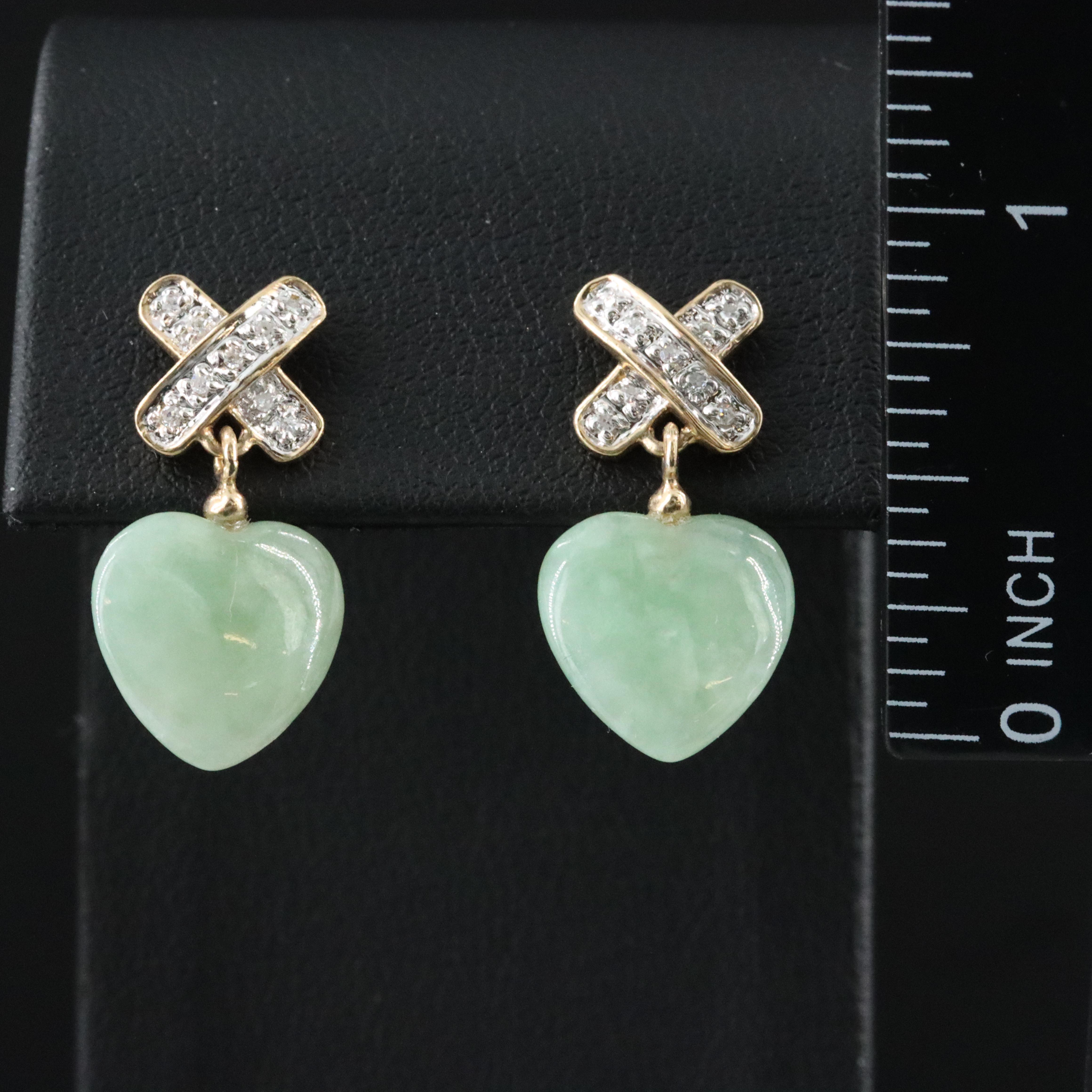 14K Jadeite and Diamond Heart Earrings