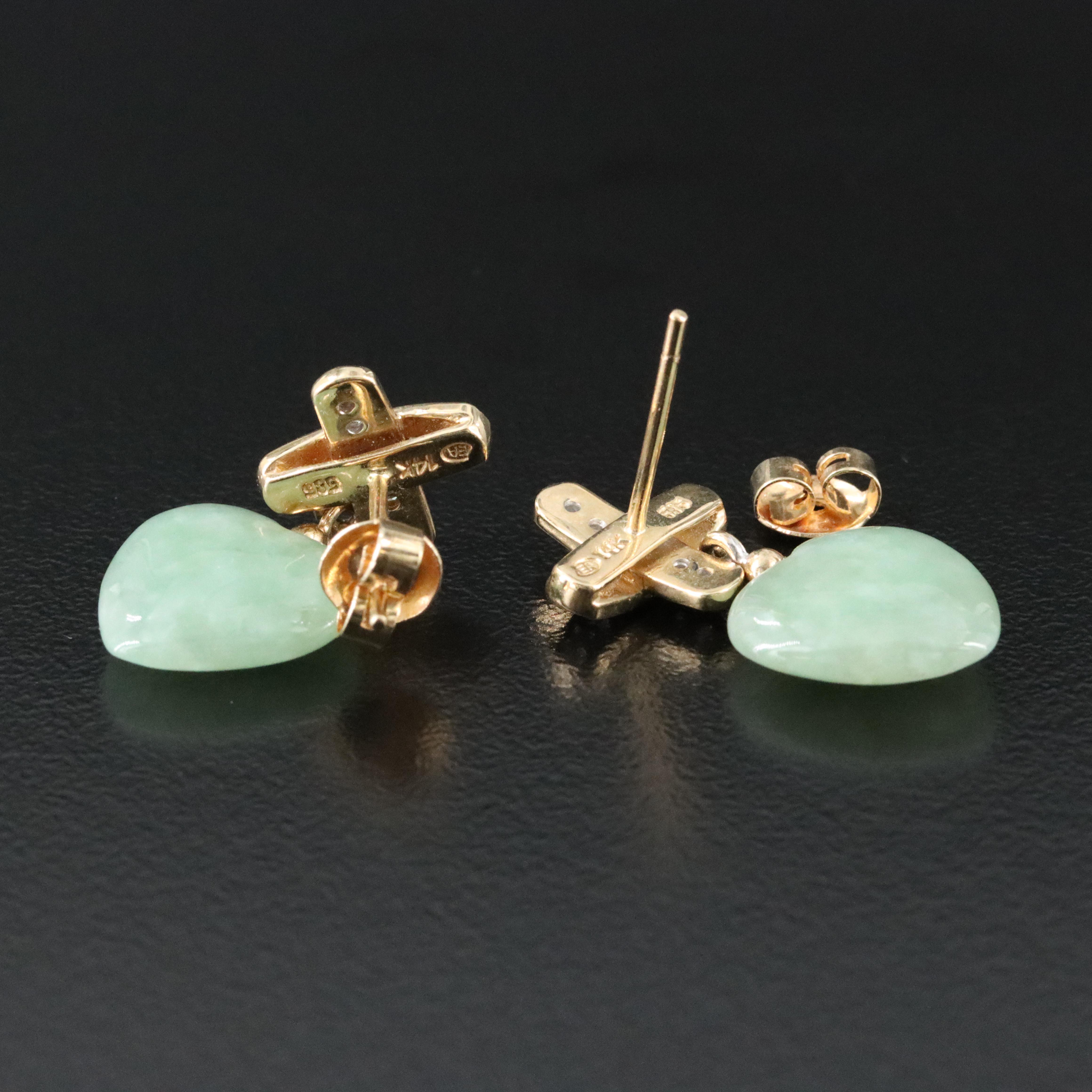 14K Jadeite and Diamond Heart Earrings