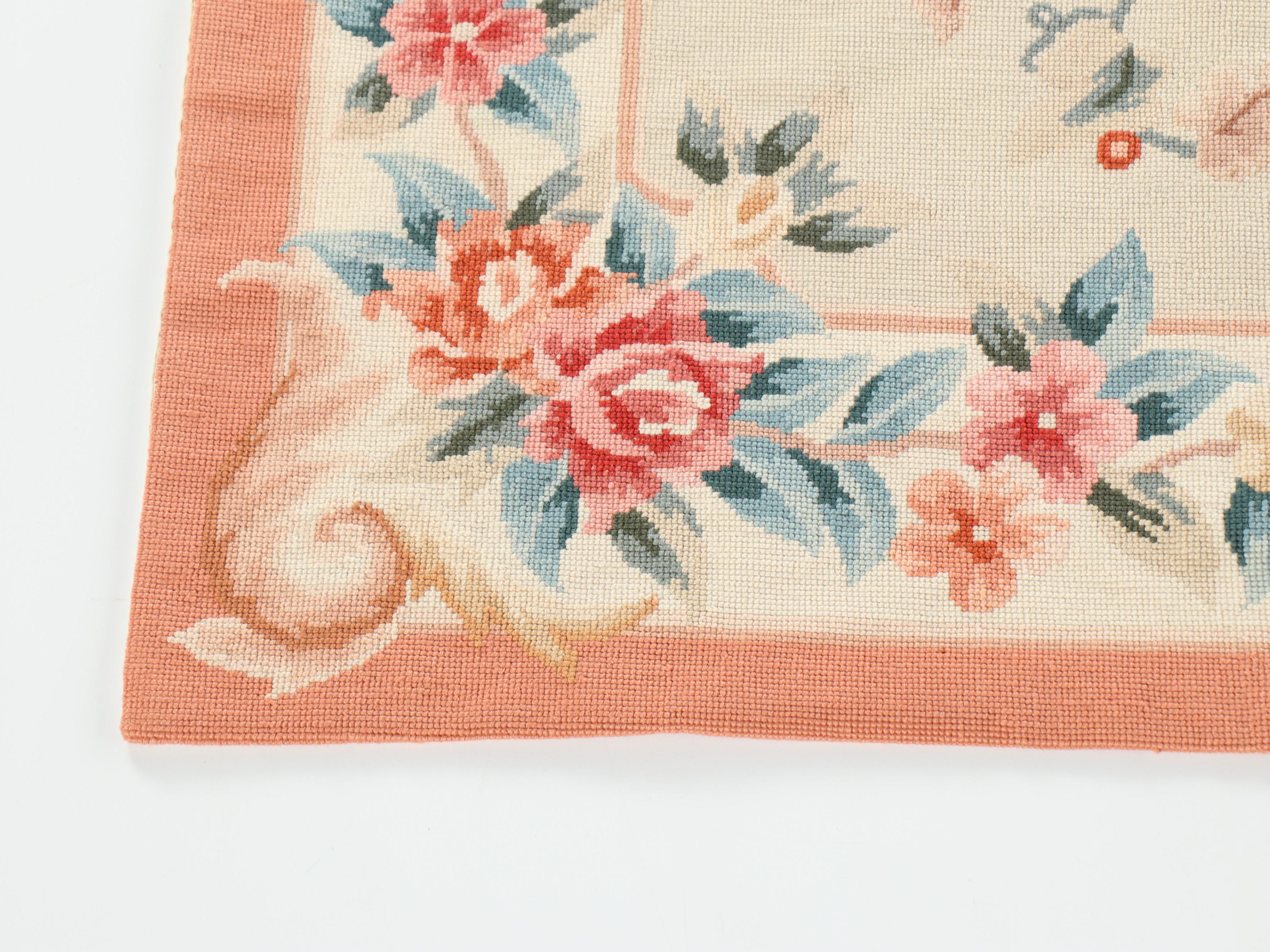 Aubusson Style Hand-Crafted Crossstitch Floral Tapestry