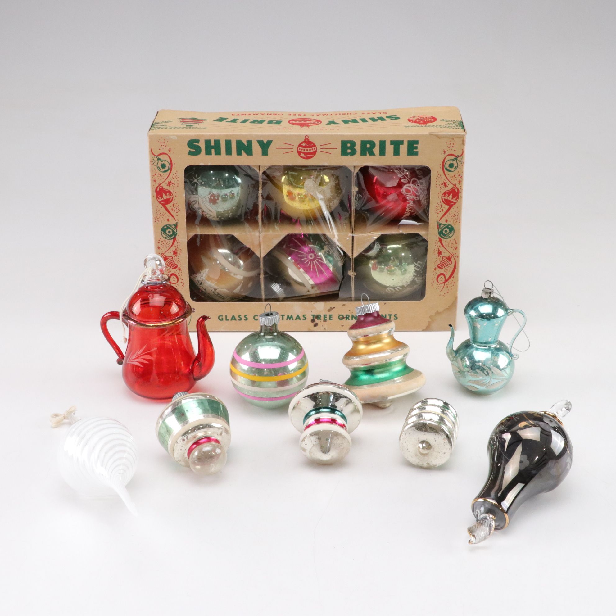 Shiny-Brite with Hand-Blown Artisan Glass Christmas Ornaments, Mid-Late 20th C.