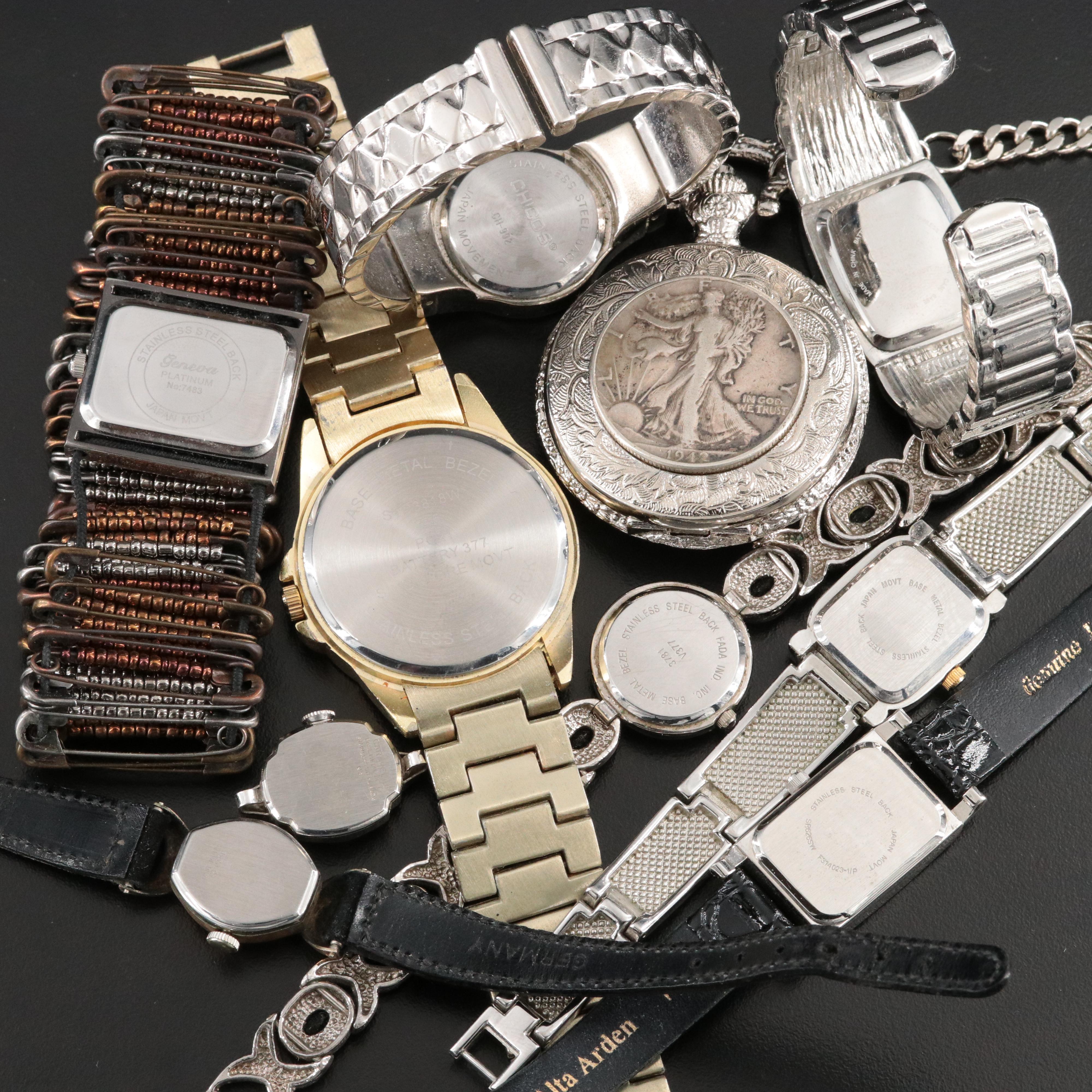 Collection of Quartz Watches Featuring 1942 Walking Liberty Coin and Swiss Army