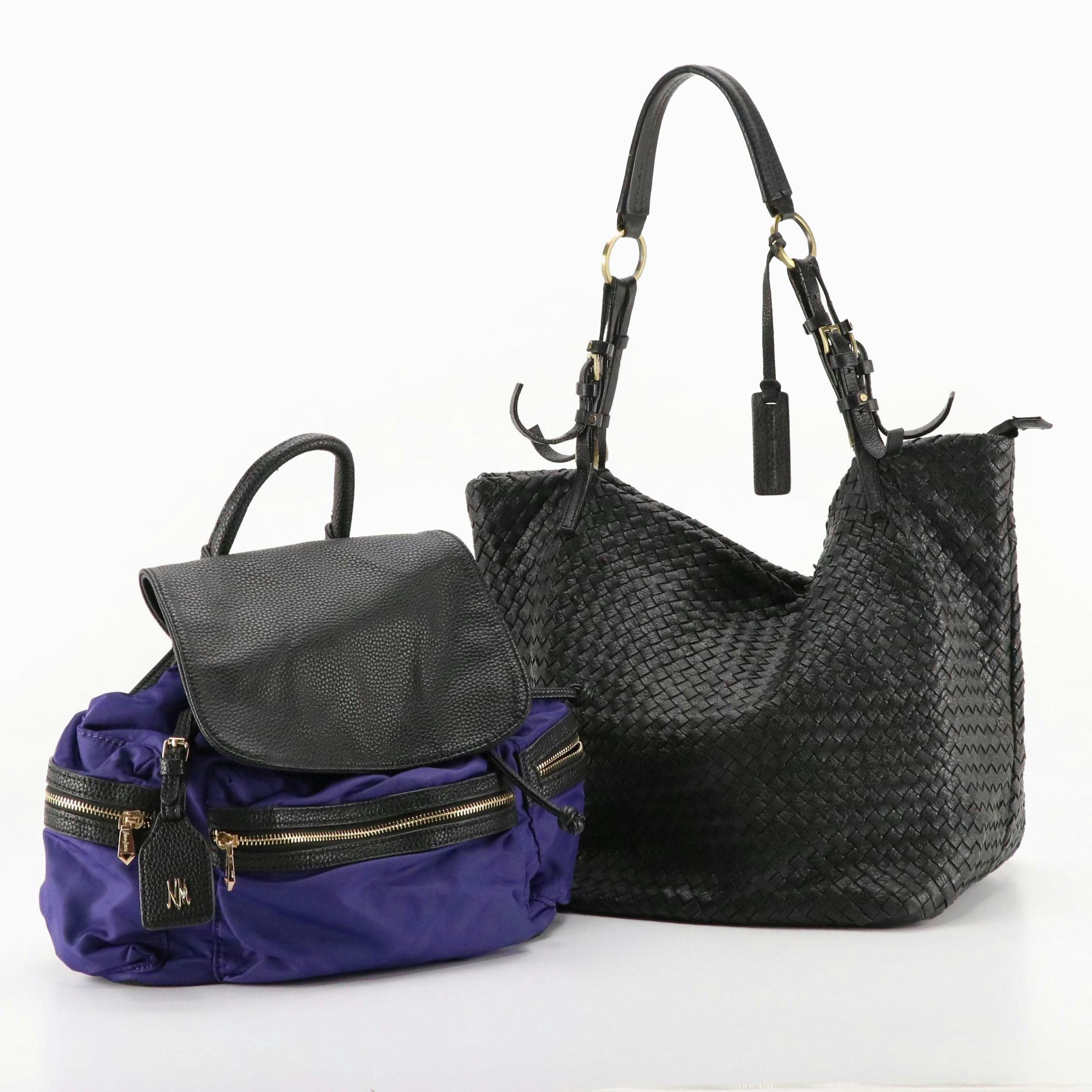 Aqua Madonna Large Woven Leather Satchel, Neiman Marcus Purple Nylon Backpack